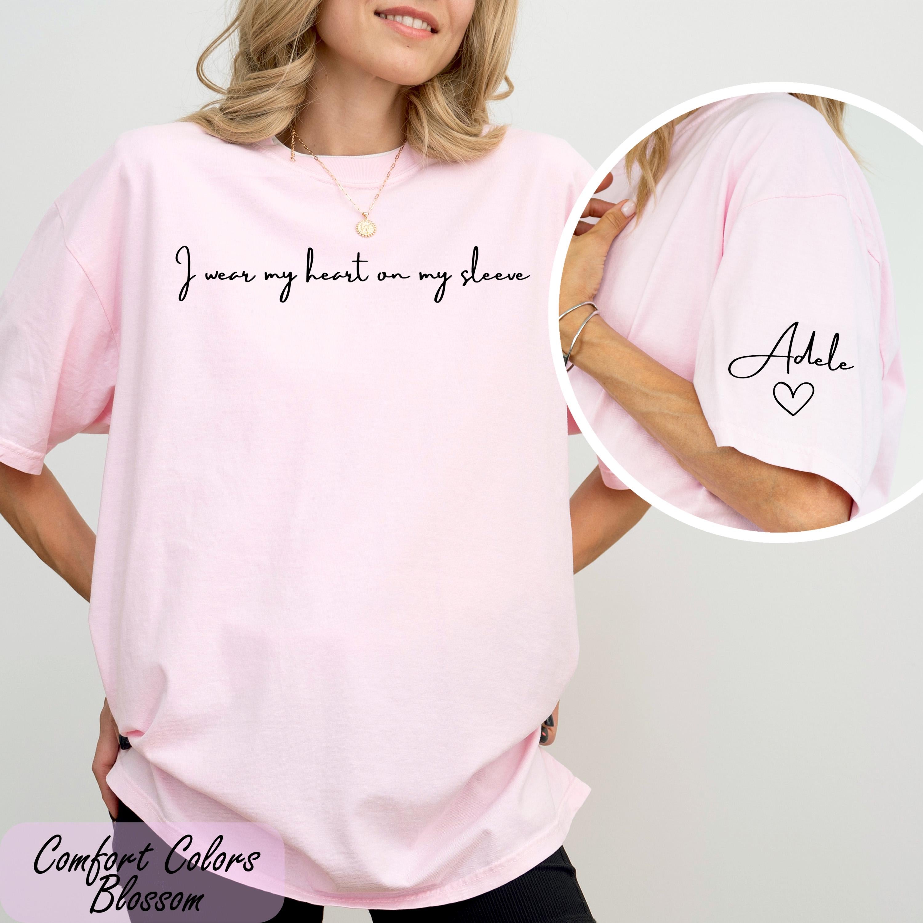 I Wear My Heart On My Sleeve Shirt, Shirt with Names On Sleeve, Mom Heart T-Shirt, Mother's Day Gift from Kids, Baby Shower Gift for Her