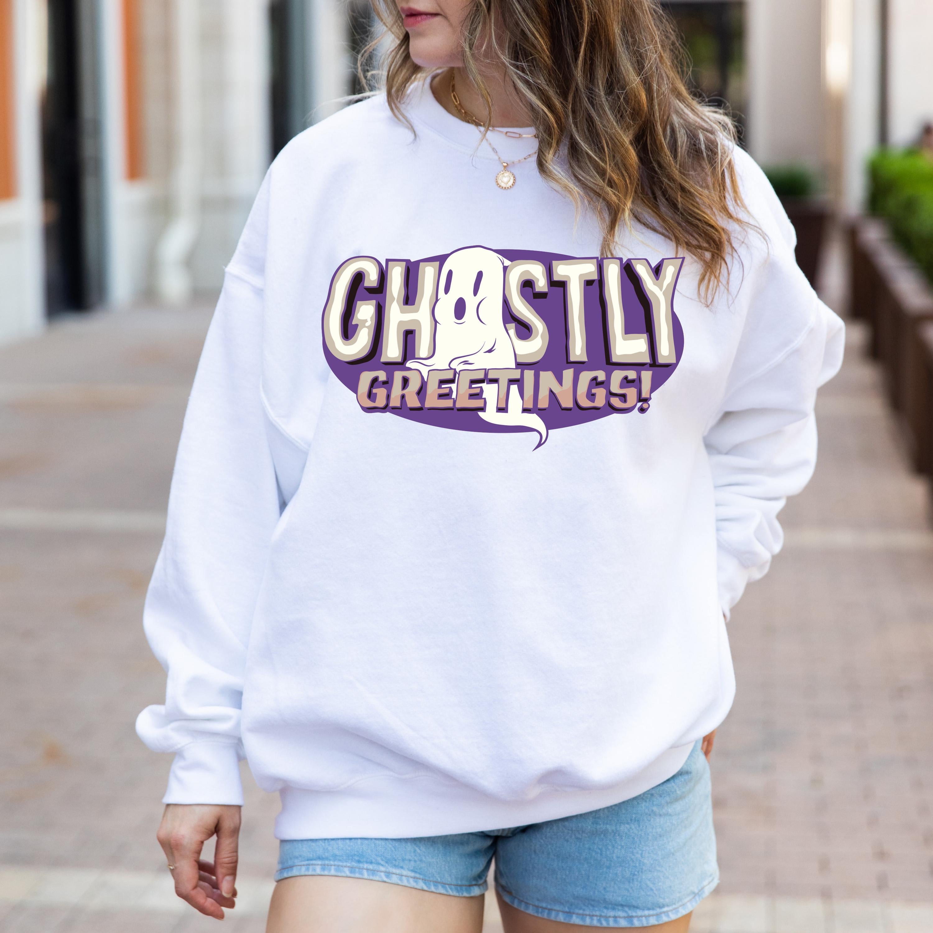 Ghostly greetings ghost halloween sweatshirt, Spooky Sweatshirt, ghost Halloween Sweatshirt, boo sweatshirt, Fall season sweatshirt