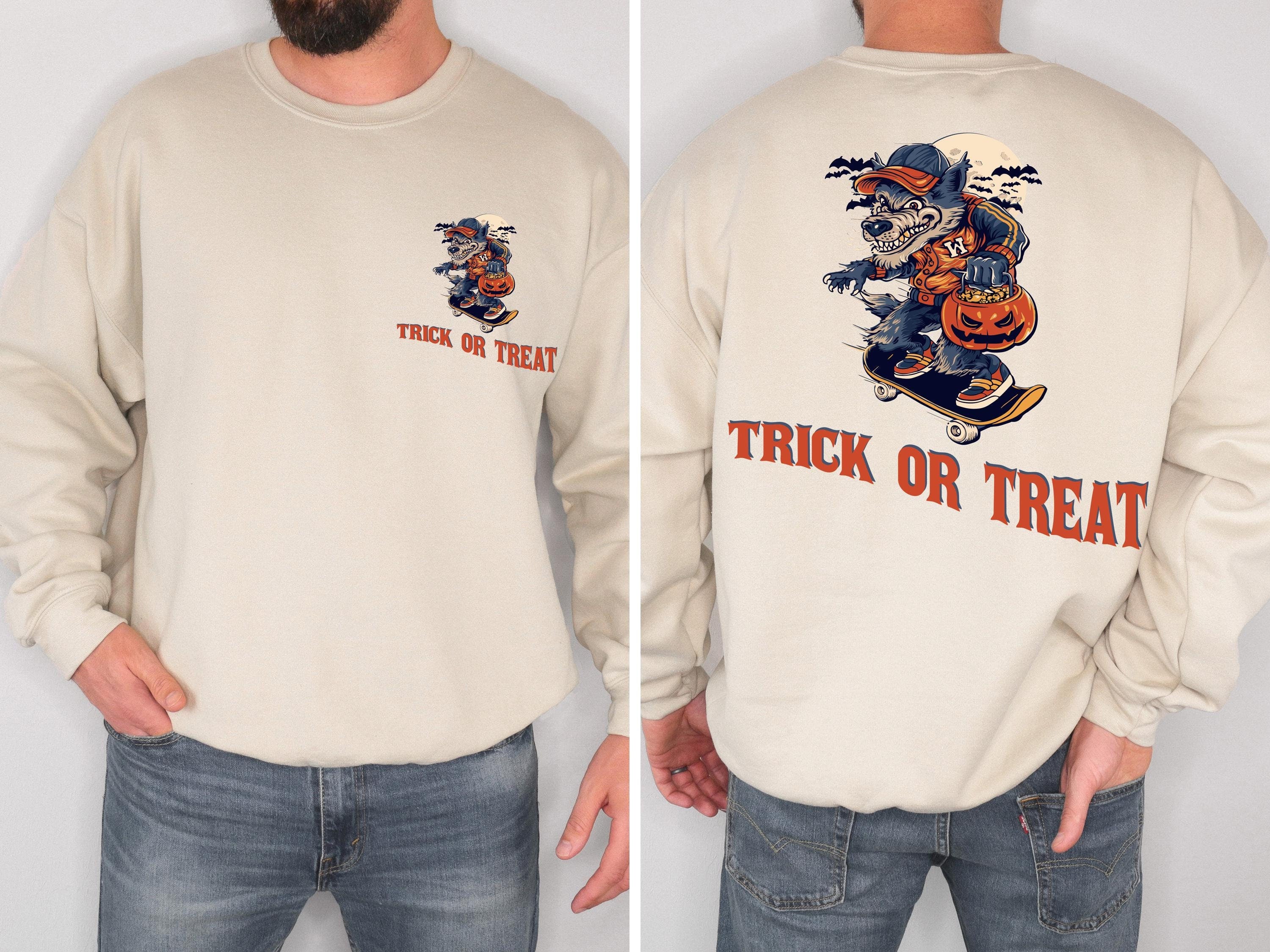 Trick or treat spooky wolf halloween sweatshirt, Spooky Sweatshirt, trick or treat Halloween Sweatshirt, wolf sweatshirt, Fall sweatshirt