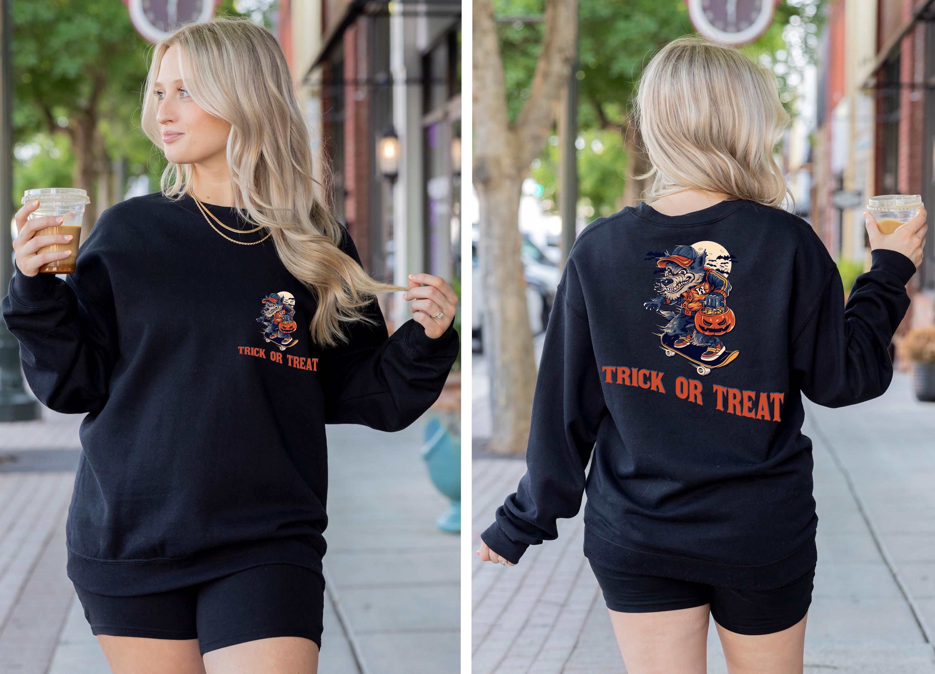 Trick or treat spooky wolf halloween sweatshirt, Spooky Sweatshirt, trick or treat Halloween Sweatshirt, wolf sweatshirt, Fall sweatshirt