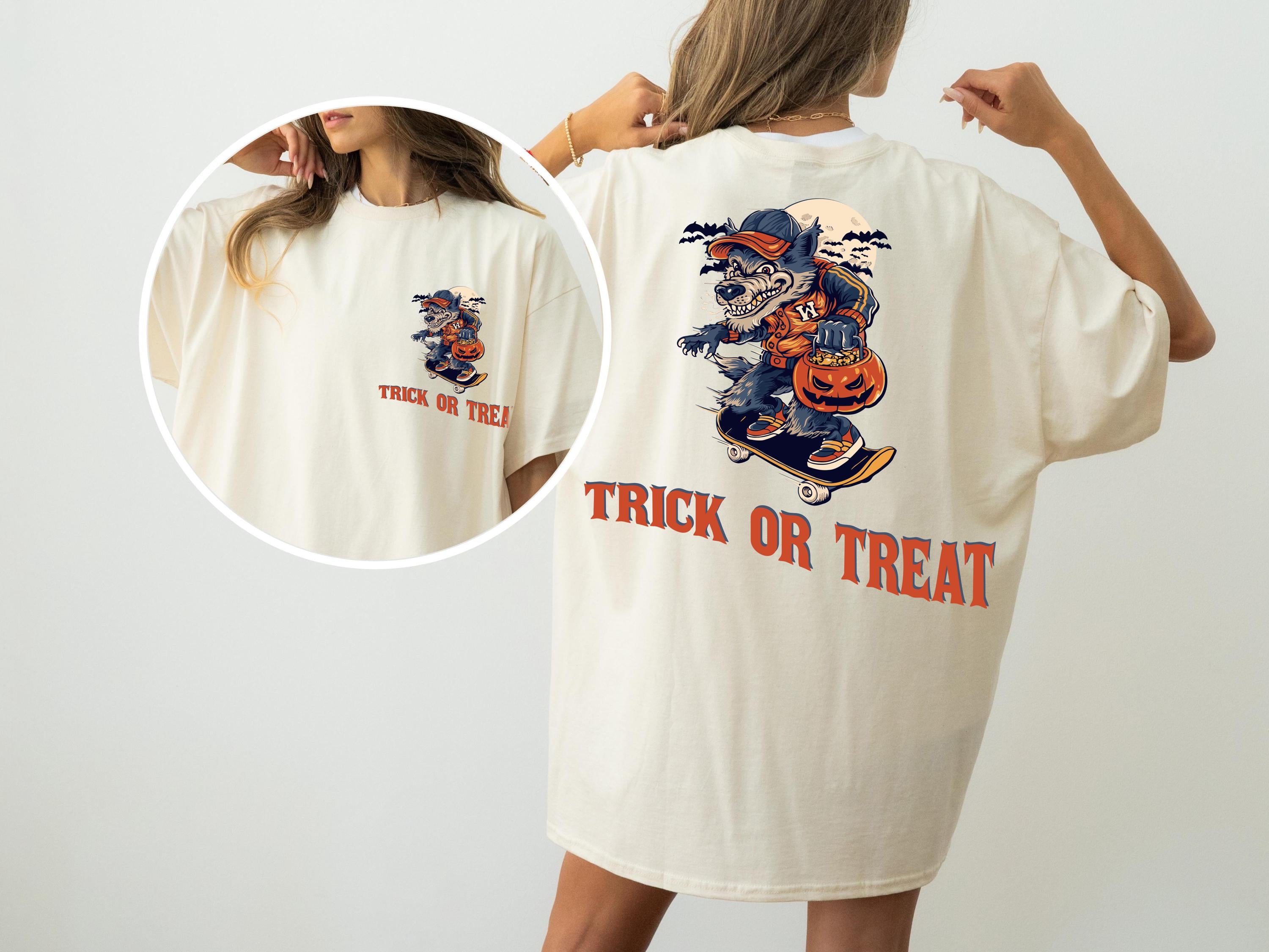 Trick or treat spooky wolf shirt , Fall Shirt, Halloween Spooky Season Shirt, Halloween Gift, Halloween unisex Shirt, comfort colors