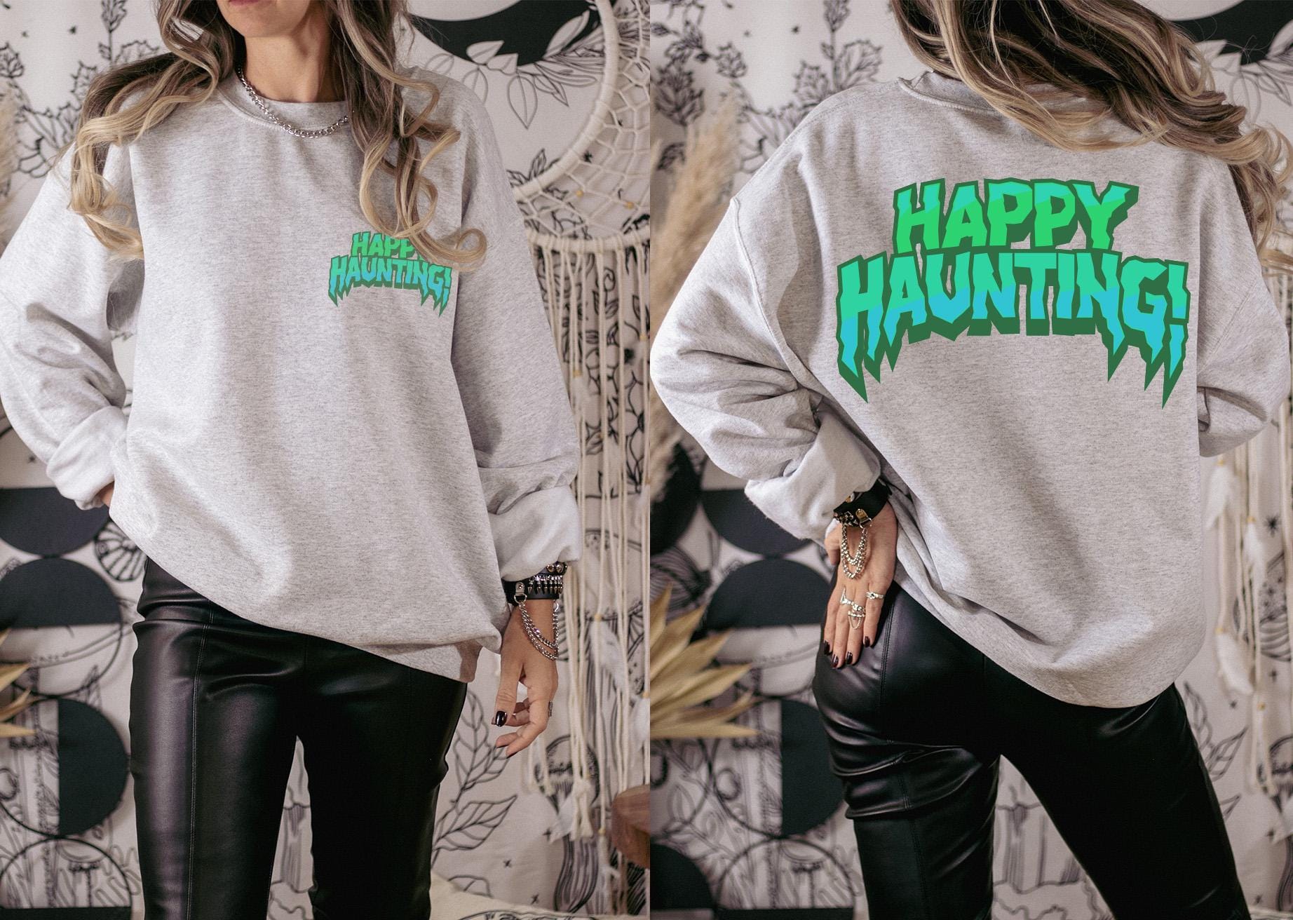 Happy haunting spooky halloween back and front sweatshirt, Spooky Sweatshirt, cute Halloween Sweatshirt, Fall sweatshirt, Halloween gift