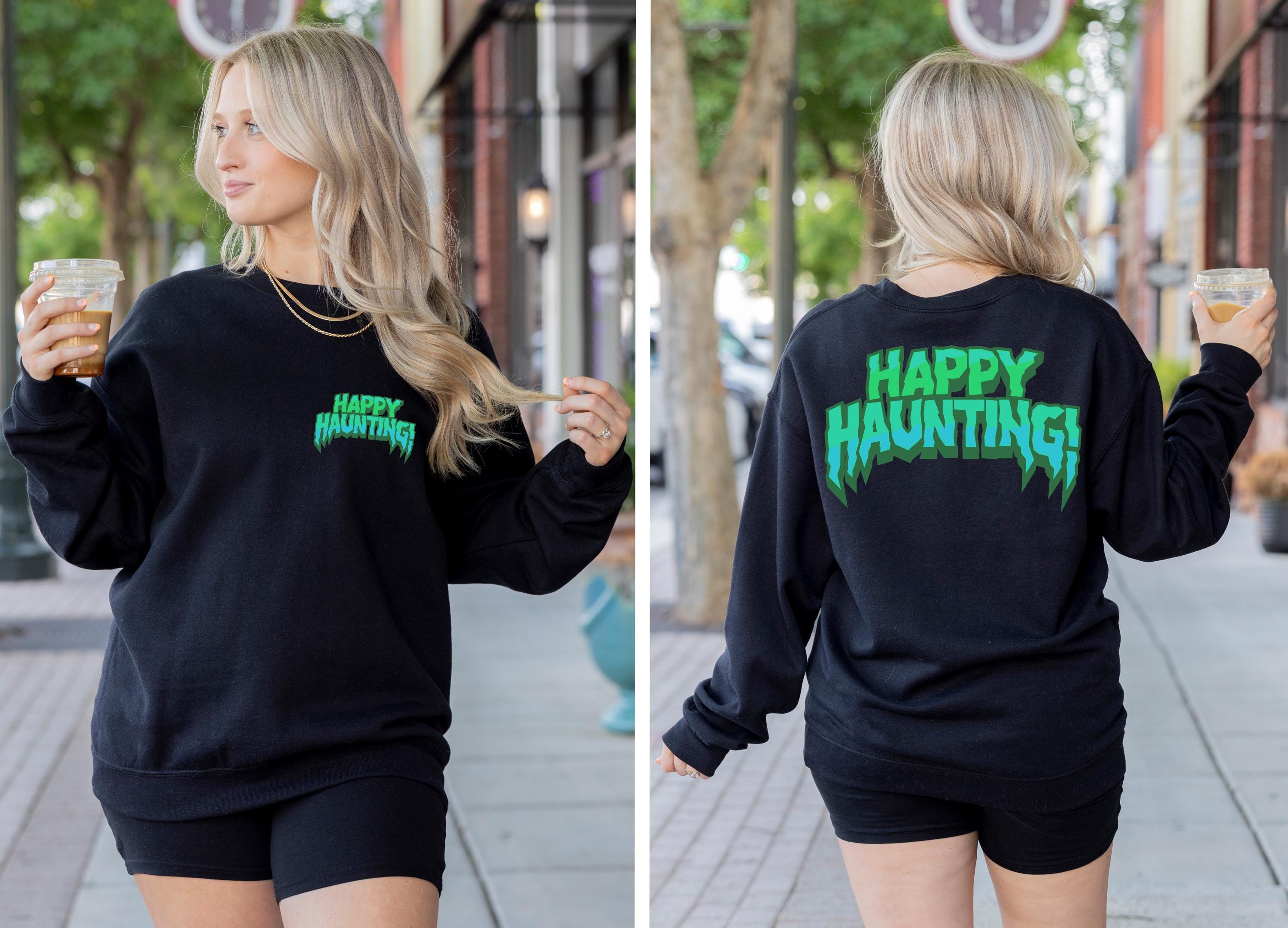 Happy haunting spooky halloween back and front sweatshirt, Spooky Sweatshirt, cute Halloween Sweatshirt, Fall sweatshirt, Halloween gift