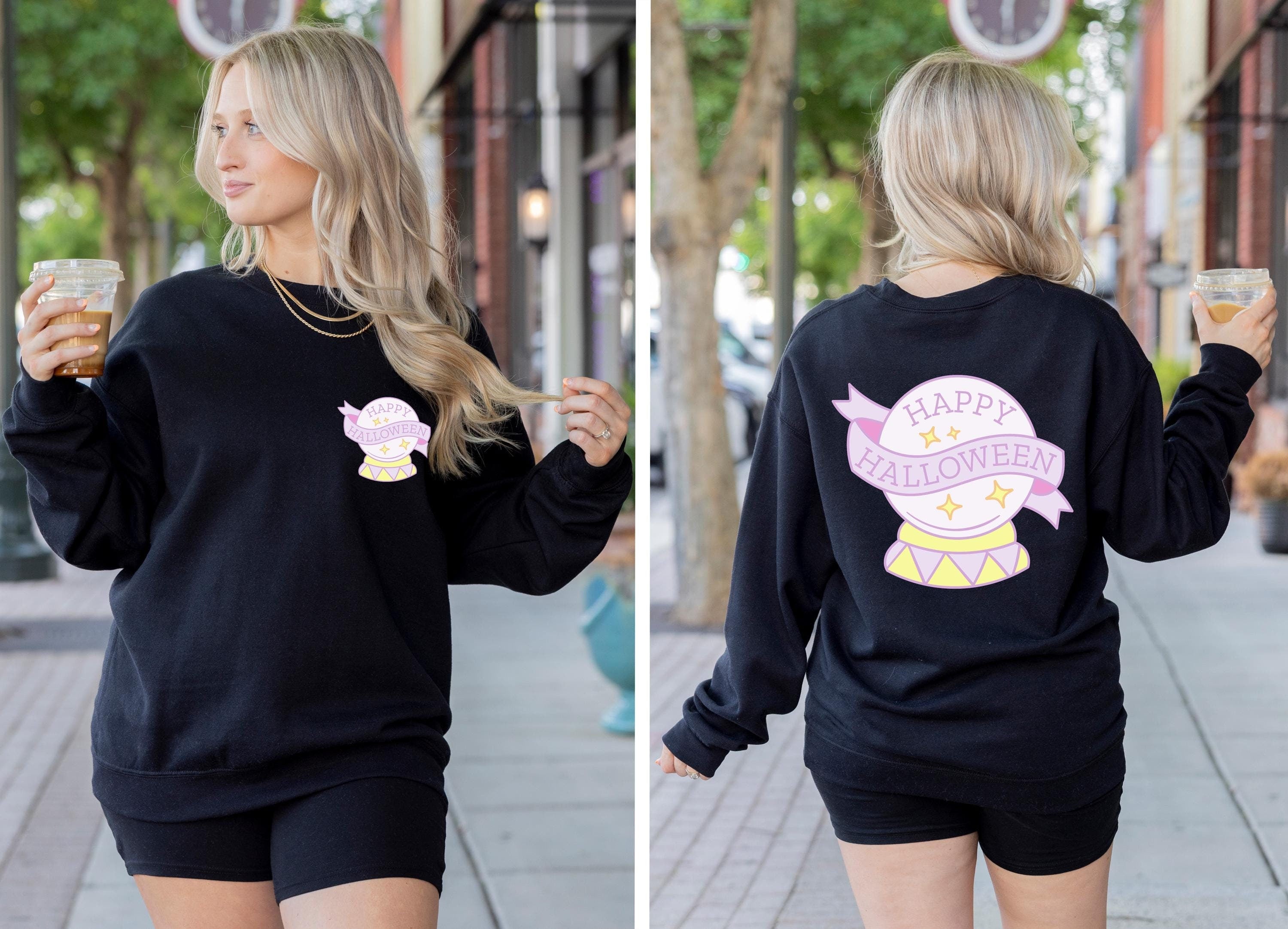Happy Halloween witch magic ball sweatshirt, Spooky Sweatshirt, cute Halloween Sweatshirt, Back and front sweatshirt, Fall season sweatshirt