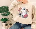 Halloween Ghost With Flowers Sweatshirt, Retro Floral Ghost, Halloween Vibes, Women's Shirt, Vintage Ghost Shirt, Fall Graphic Sweatshirt