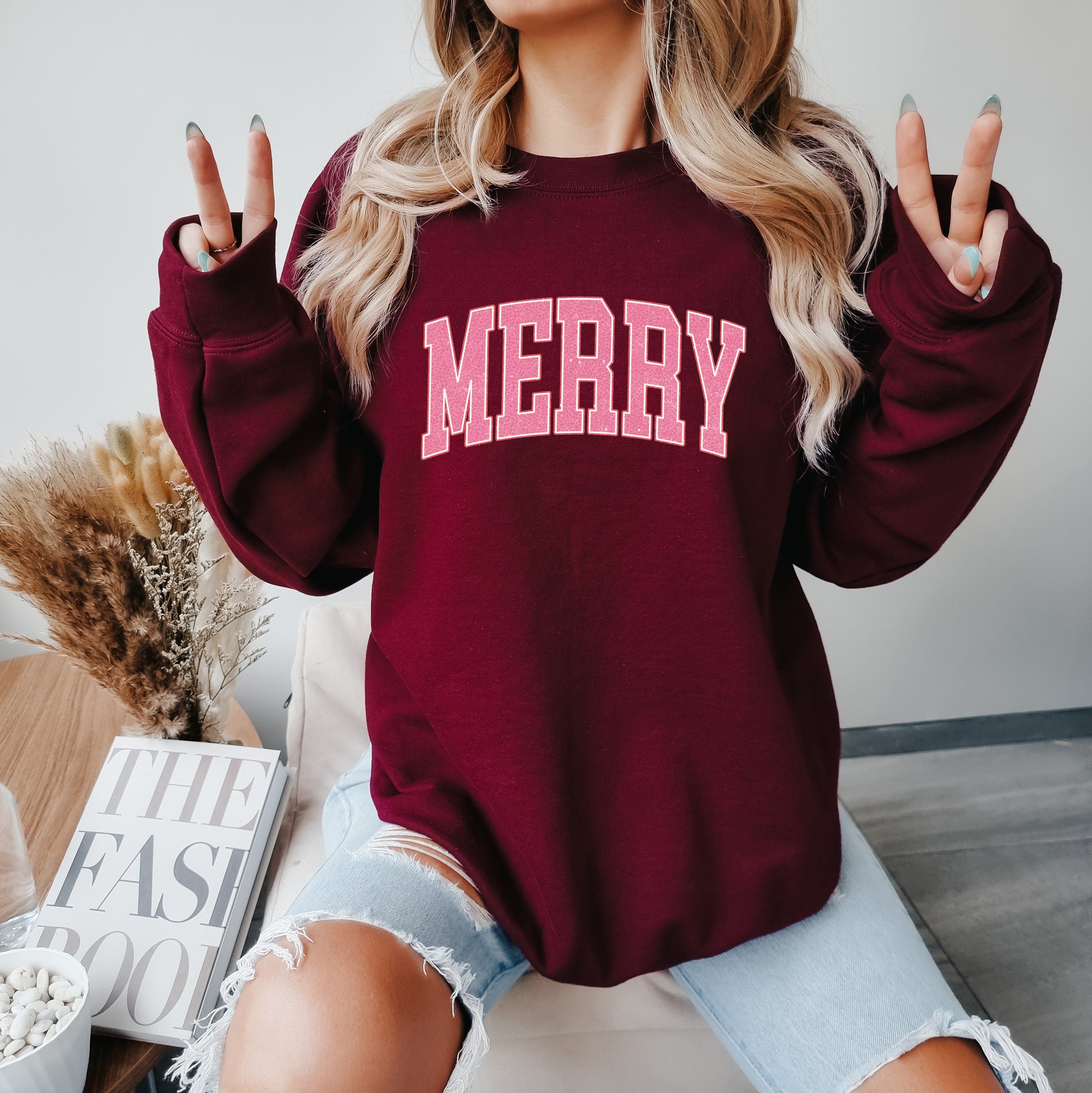 Pink Merry Sweatshirt, Christmas Crewneck, Christmas Sweatshirt Women, Merry Christmas Sweater, Christmas Graphic Tees, Holiday Sweater
