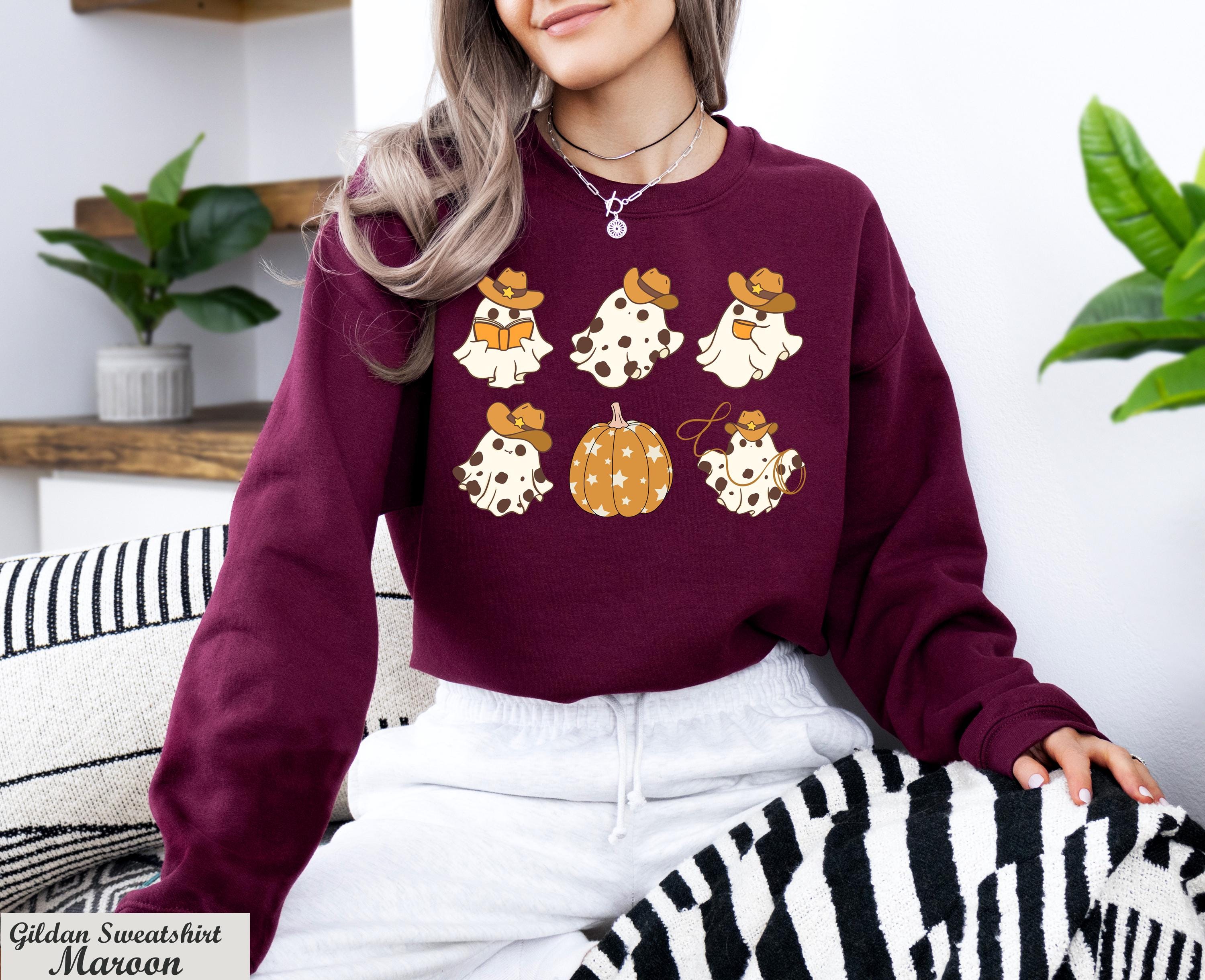 Vintage Halloween Pumpkin Spooky Season Sweatshirt,Ghost And Pumpkin Sweater,Spooky Fall Reading Ghost Sweatshirt,Halloween Party Sweater