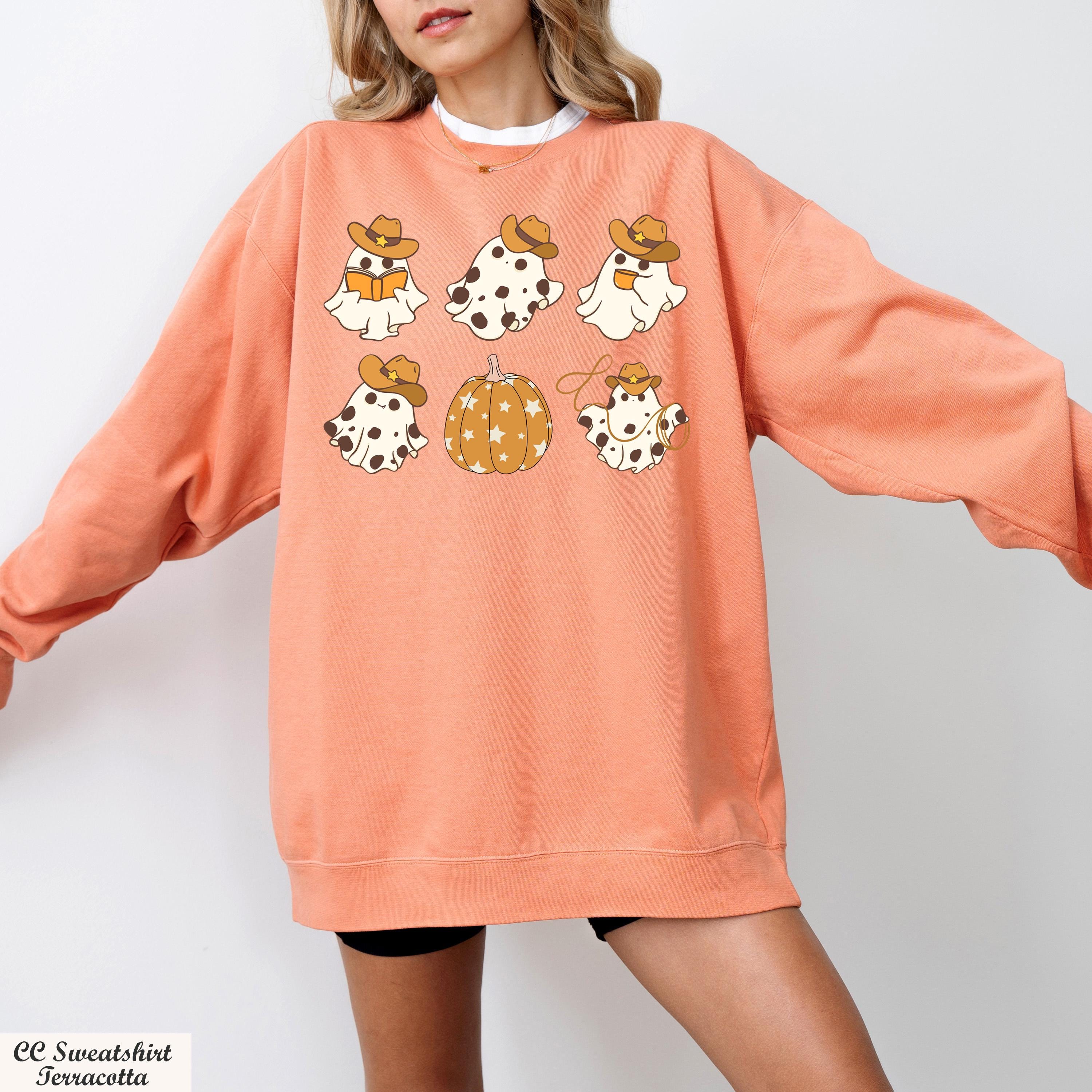 Vintage Halloween Pumpkin Spooky Season Sweatshirt,Ghost And Pumpkin Sweater,Spooky Fall Reading Ghost Sweatshirt,Halloween Party Sweater