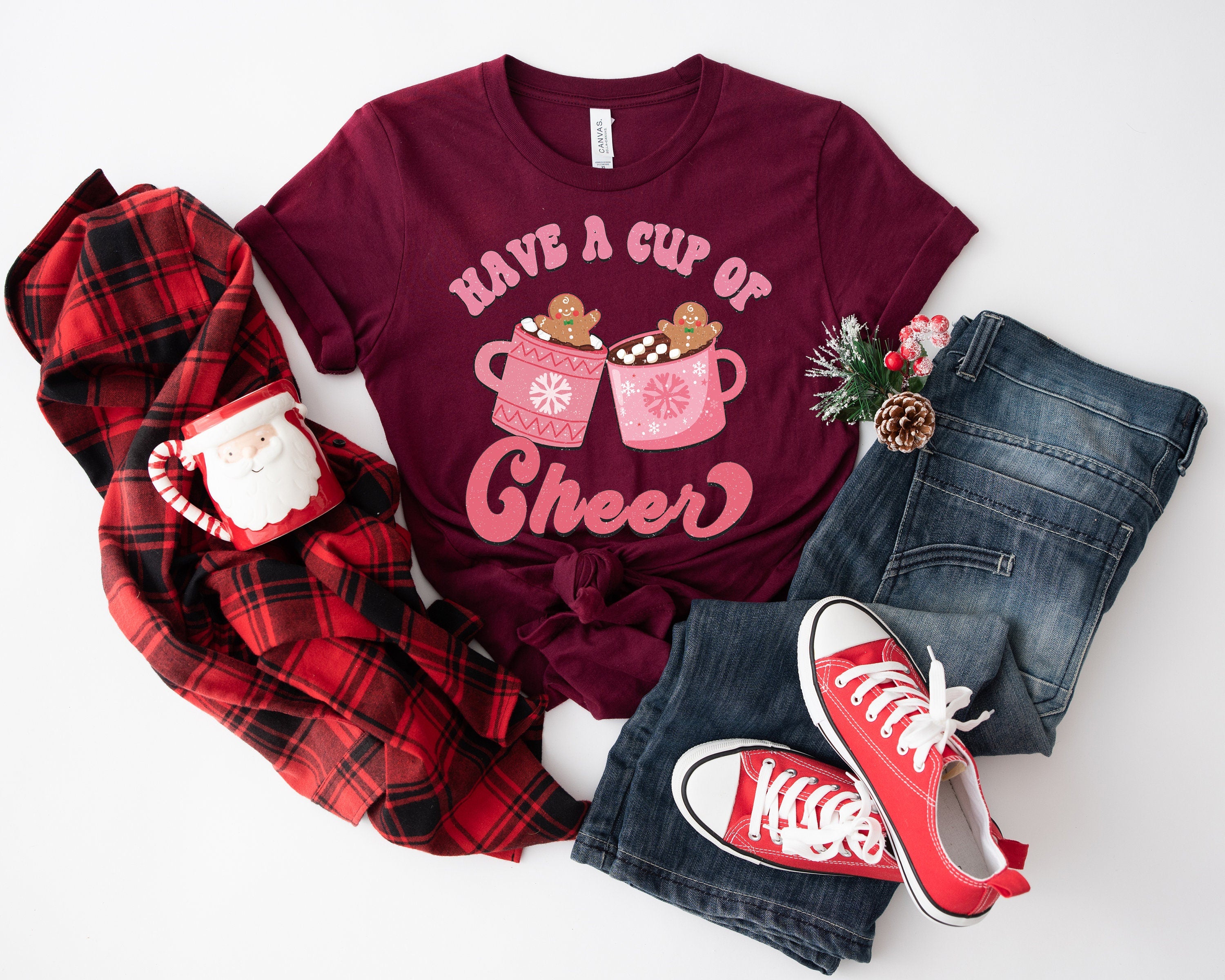 Bella Canvas Have a Cup of Cheer Shirt , Christmas Coffee Shirt, Retro Christmas Shirt, Women Holiday Shirt, Xmas Tee, Coffee Lover Gift