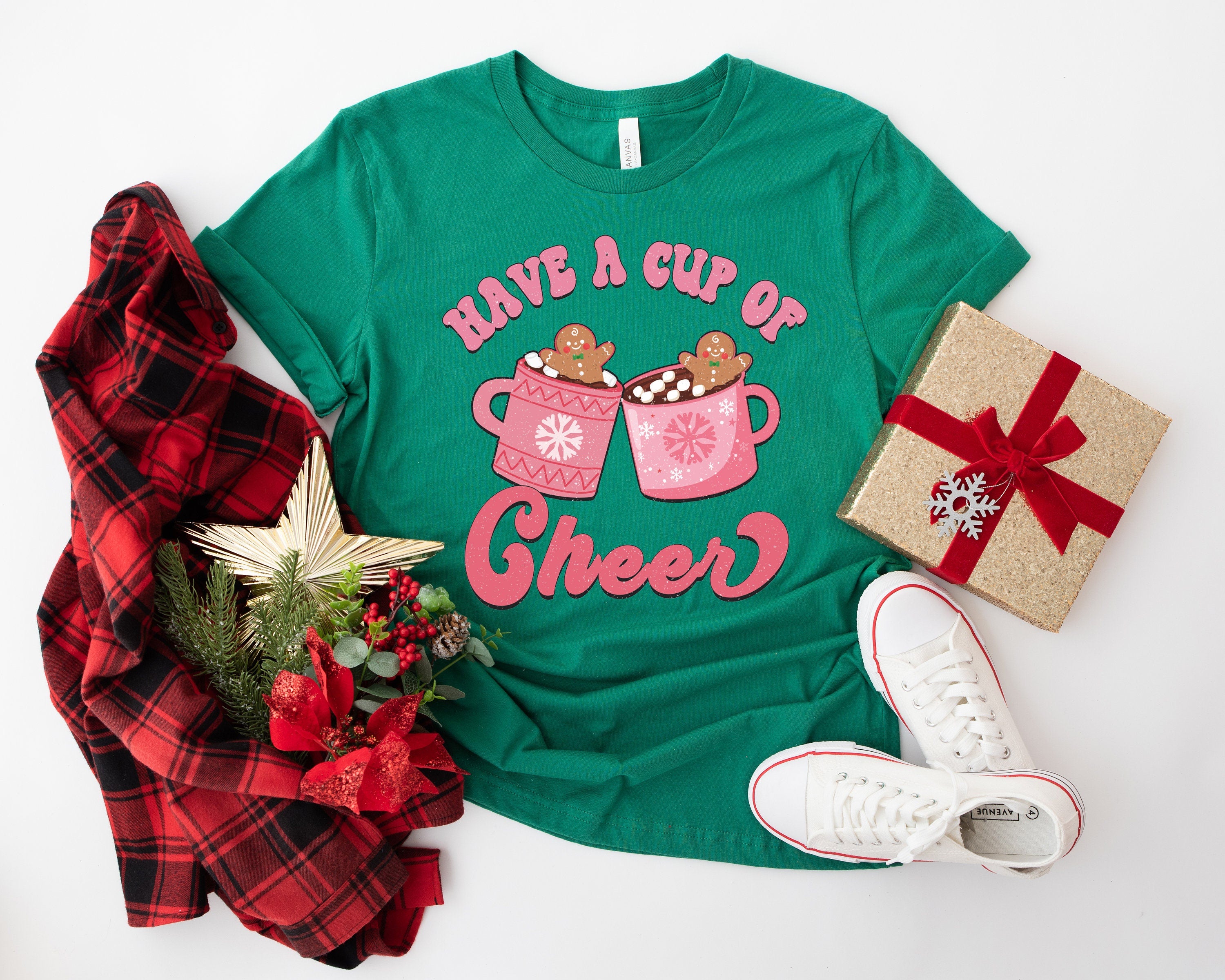 Bella Canvas Have a Cup of Cheer Shirt , Christmas Coffee Shirt, Retro Christmas Shirt, Women Holiday Shirt, Xmas Tee, Coffee Lover Gift