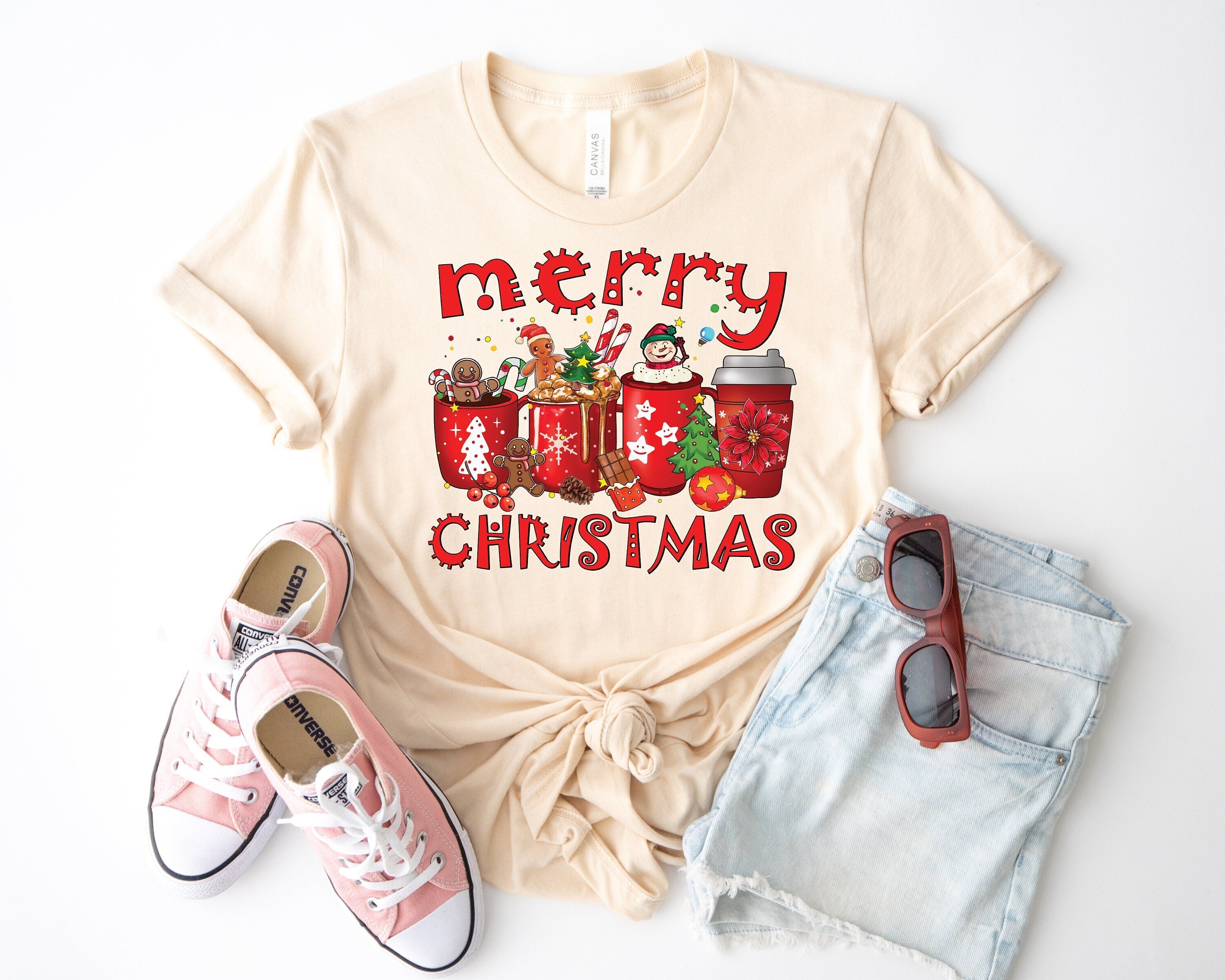 Bella Canvas Christmas Coffee , Christmas Coffee Shirt, Women Holiday Shirt, Coffee Lover Gift, Latte Drink Crewneck, merry christmas