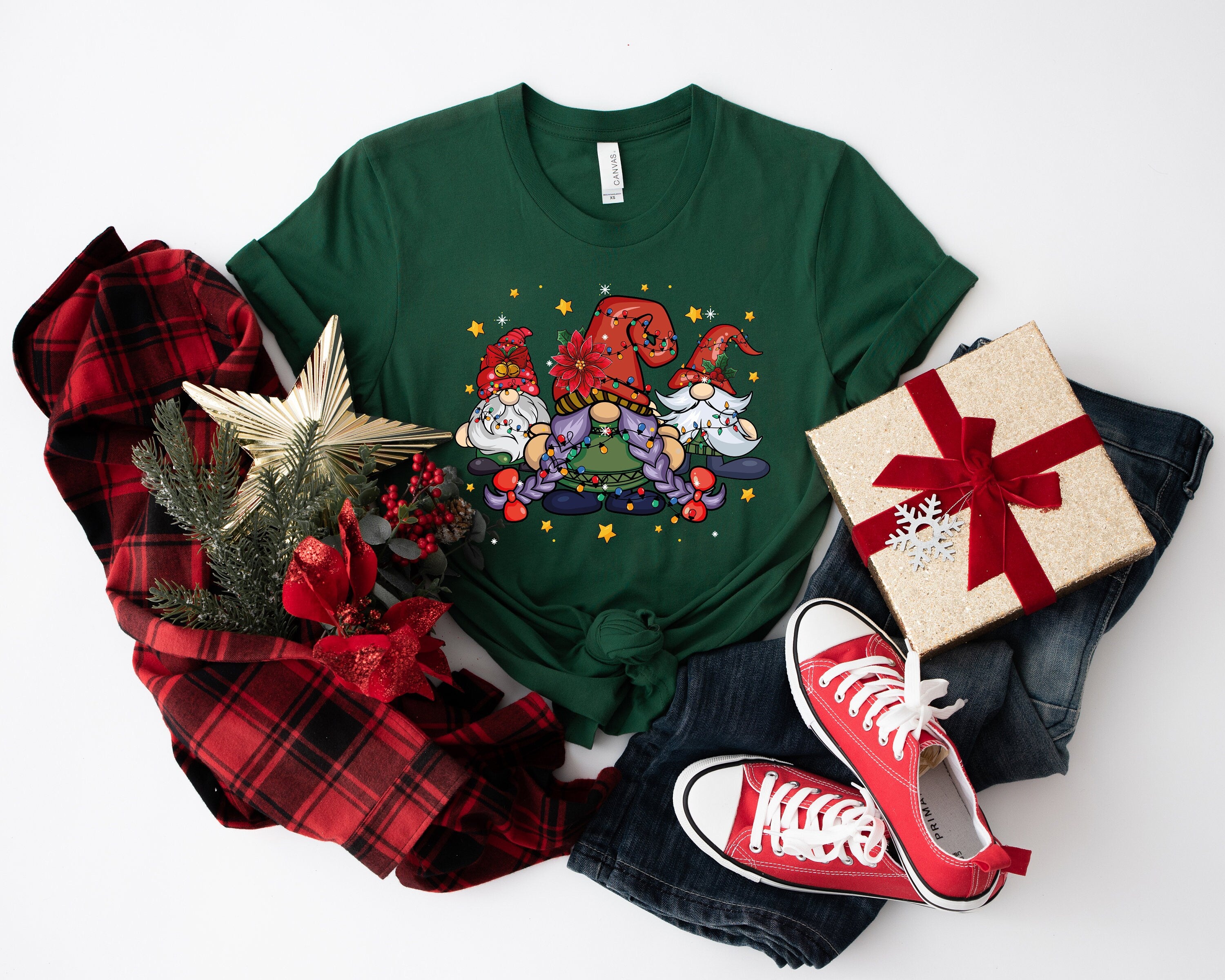 Cute Christmas Gnomes Shirt, Merry Christmas Shirt, Buffalo Plaid Gnomes, Merry Vibes Shirt, Trendy Christmas Gift, Holiday Gnomes Shirt