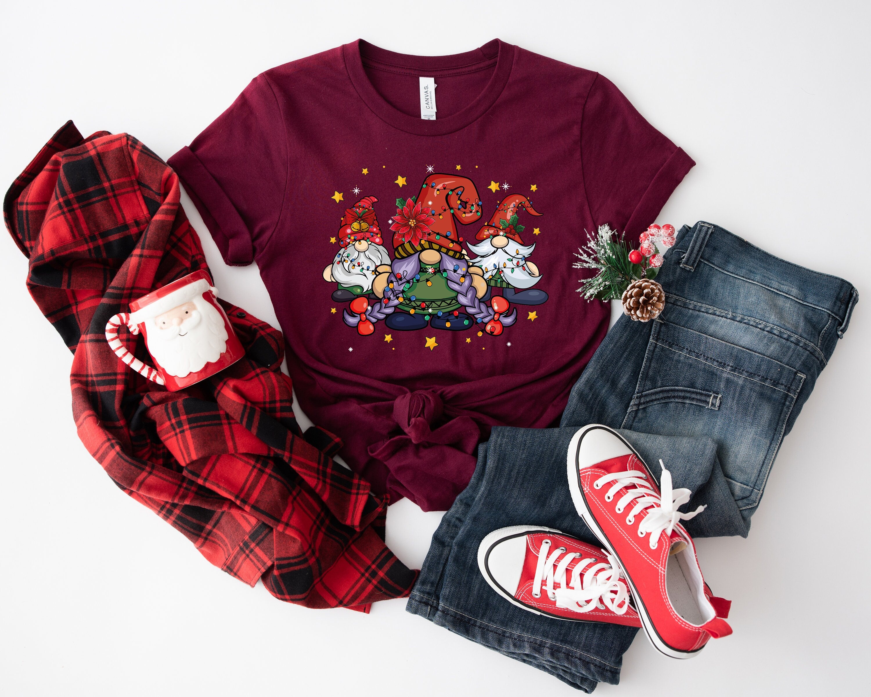Cute Christmas Gnomes Shirt, Merry Christmas Shirt, Buffalo Plaid Gnomes, Merry Vibes Shirt, Trendy Christmas Gift, Holiday Gnomes Shirt