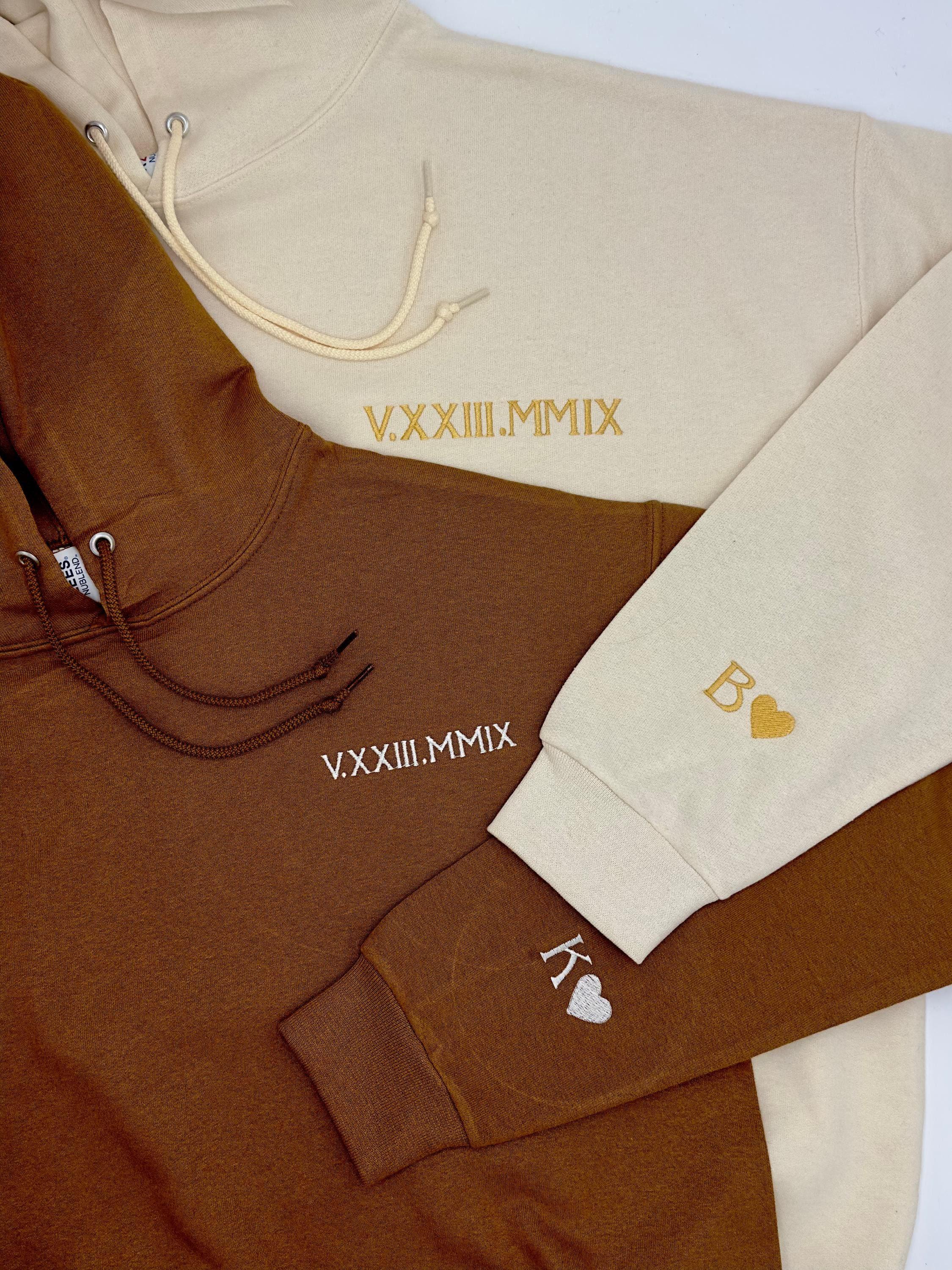 Custom Embroidered Roman Numeral Hoodie, Customized Date And Initial Outfit On Sleeve, Custom Hoodie, Anniversary Gift, Valentine Hoodie