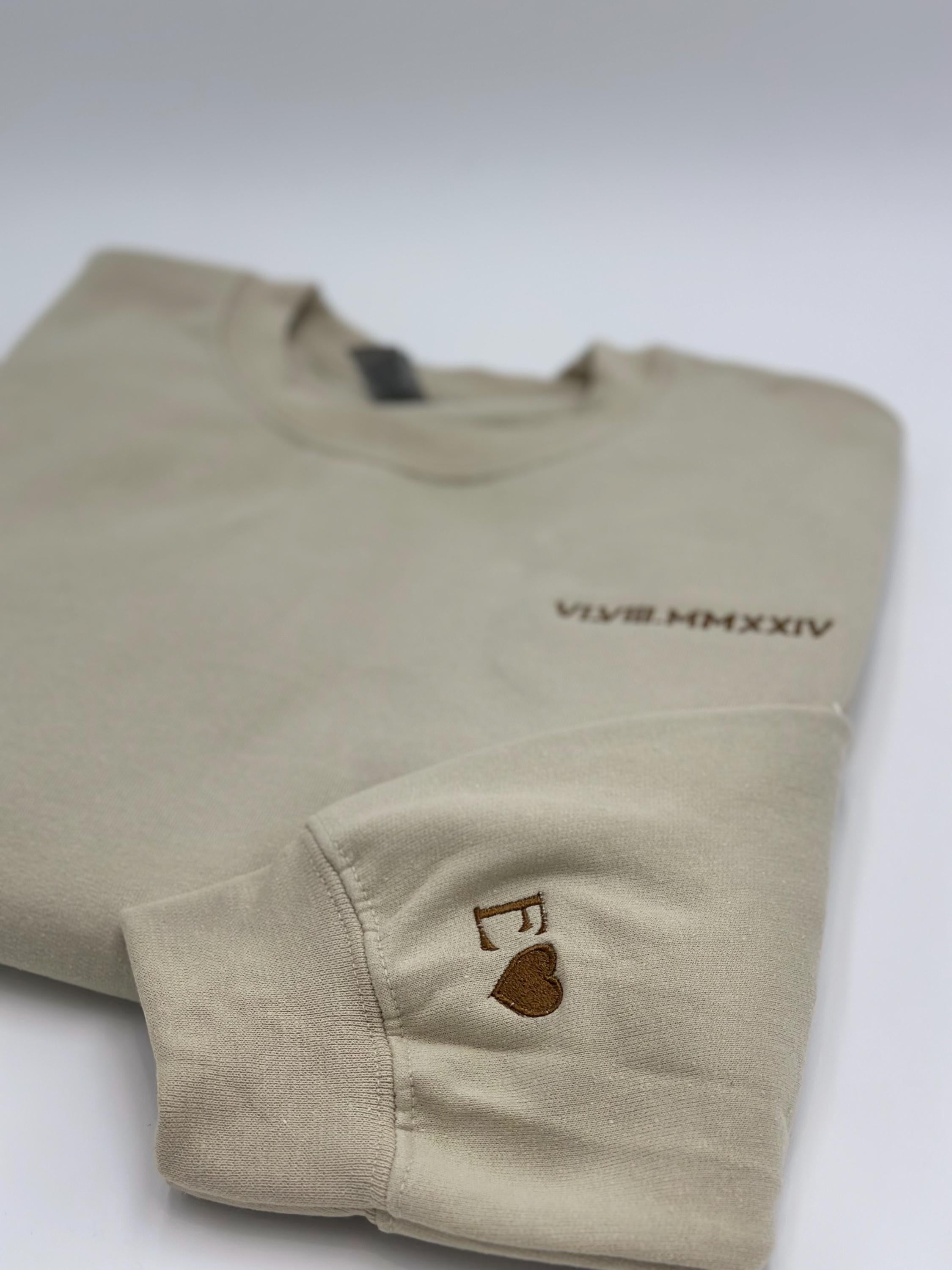Custom Embroidered Roman Numeral Hoodie, Customized Date And Initial Outfit On Sleeve, Custom Hoodie, Anniversary Gift, Valentine Hoodie