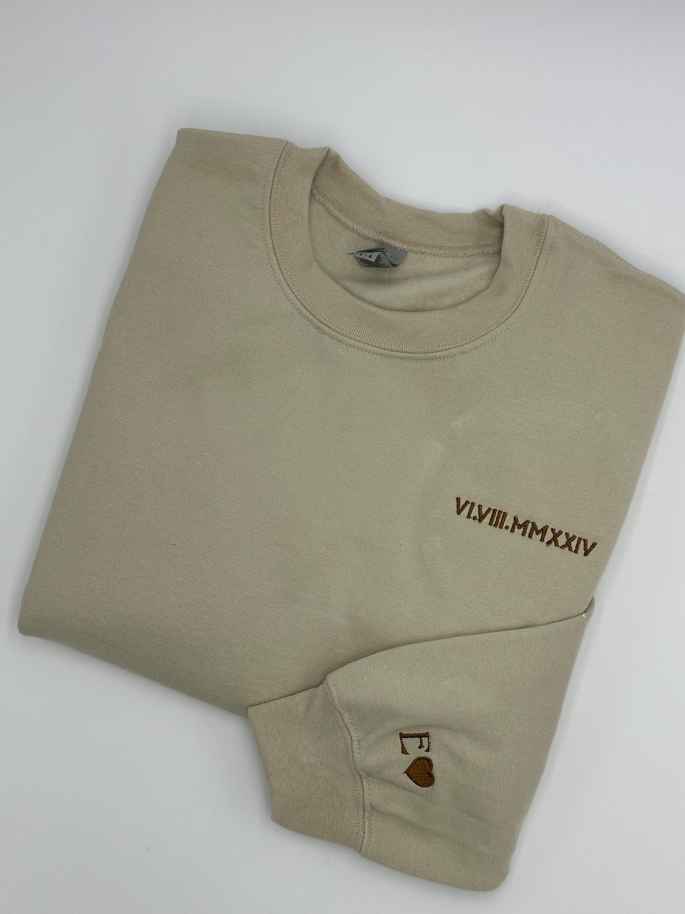 Custom Embroidered Roman Numeral Hoodie, Customized Date And Initial Outfit On Sleeve, Custom Hoodie, Anniversary Gift, Valentine Hoodie