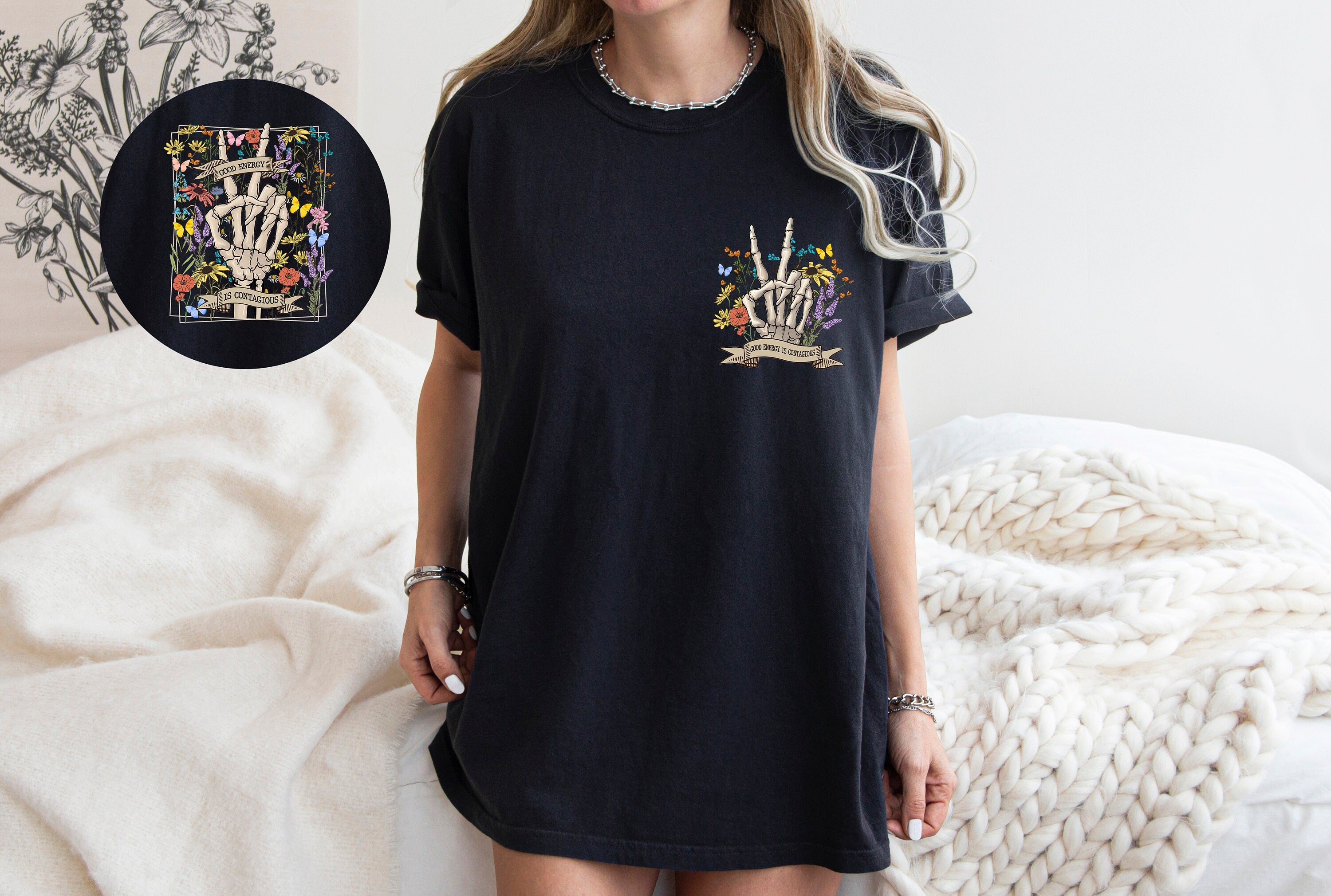 Good Energy Is Contagious Shirt, Motivational Shirt, Positive Shirt, Halloween Shirt, Skeleton Flower Shirt, Retro Halloween Shirt