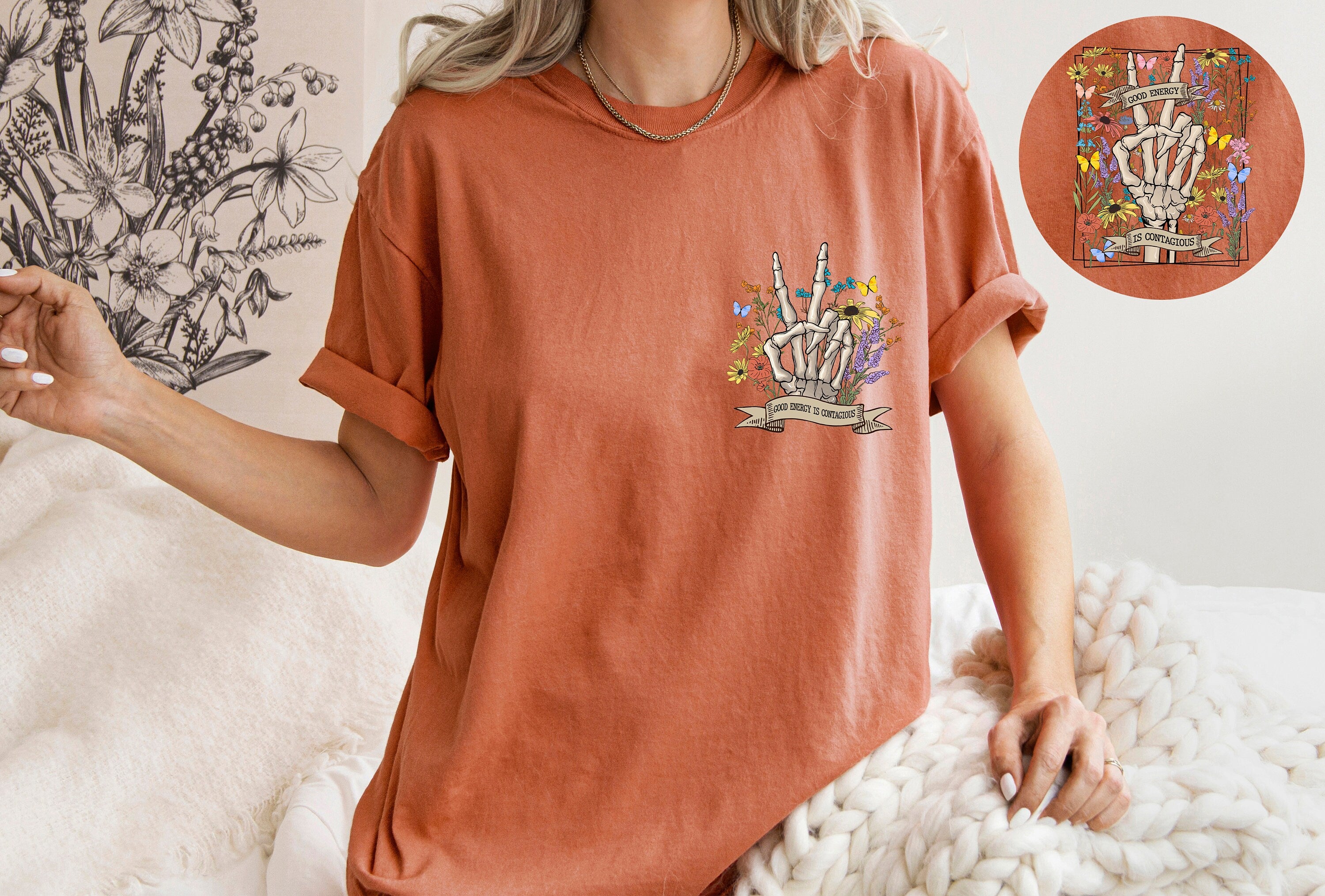 Good Energy Is Contagious Shirt, Motivational Shirt, Positive Shirt, Halloween Shirt, Skeleton Flower Shirt, Retro Halloween Shirt