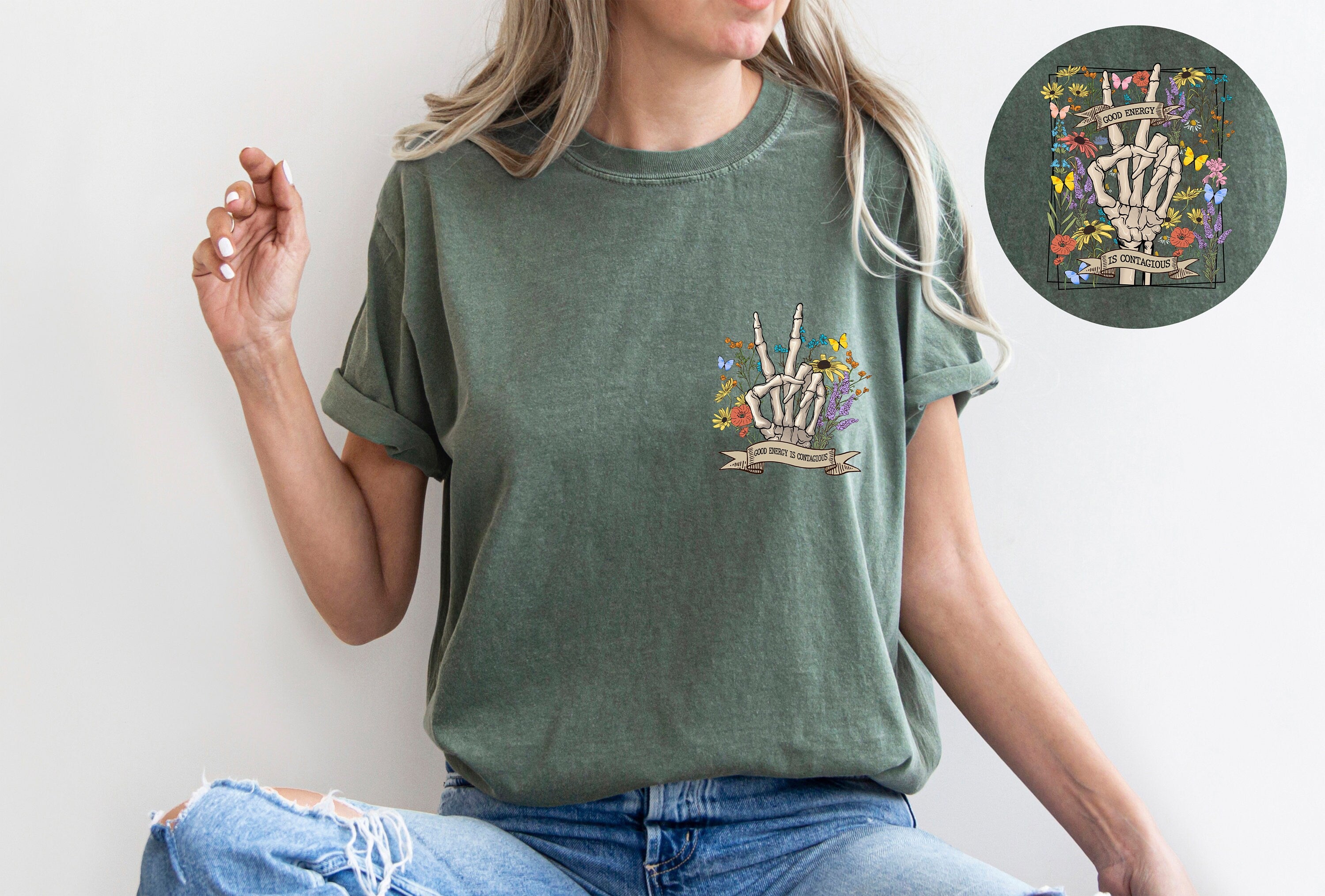 Good Energy Is Contagious Shirt, Motivational Shirt, Positive Shirt, Halloween Shirt, Skeleton Flower Shirt, Retro Halloween Shirt