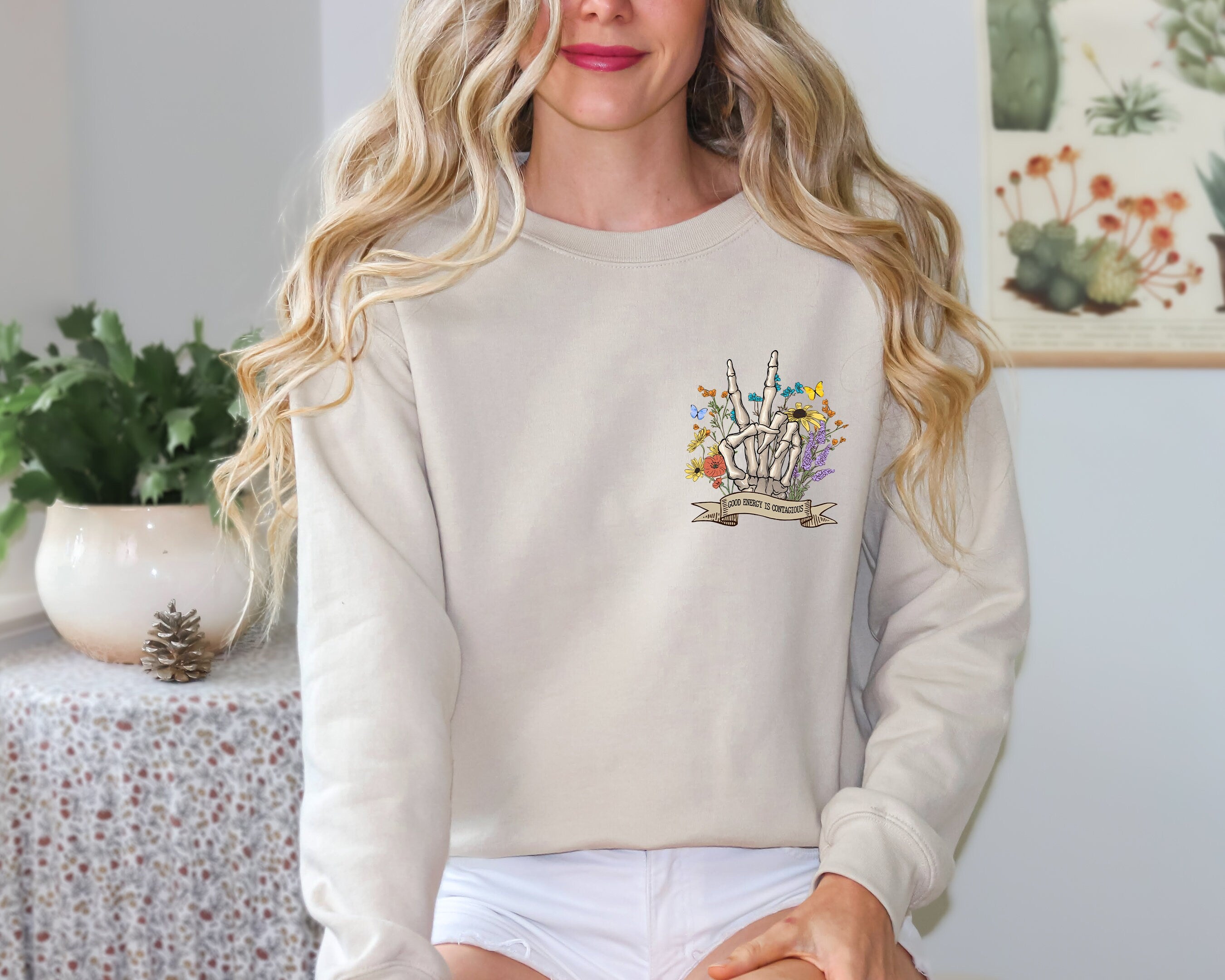 Good Energy Is Contagious Sweatshirt, Skeleton Flower Sweatshirt, Motivational Sweatshirt, Spooky Halloween, Positive Vibes Sweatshirt