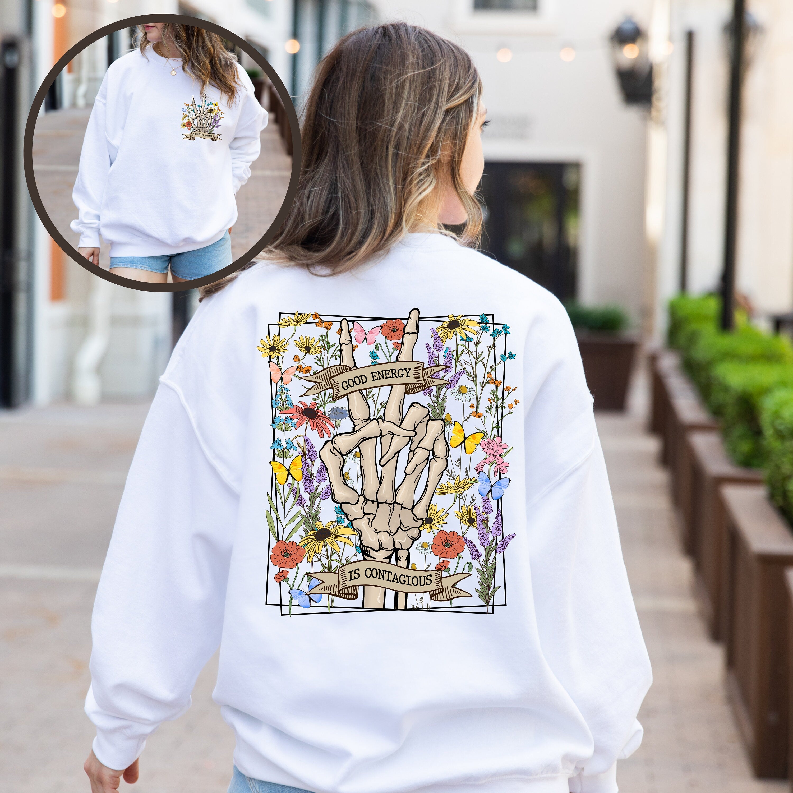 Good Energy Is Contagious Sweatshirt, Skeleton Flower Sweatshirt, Motivational Sweatshirt, Spooky Halloween, Positive Vibes Sweatshirt