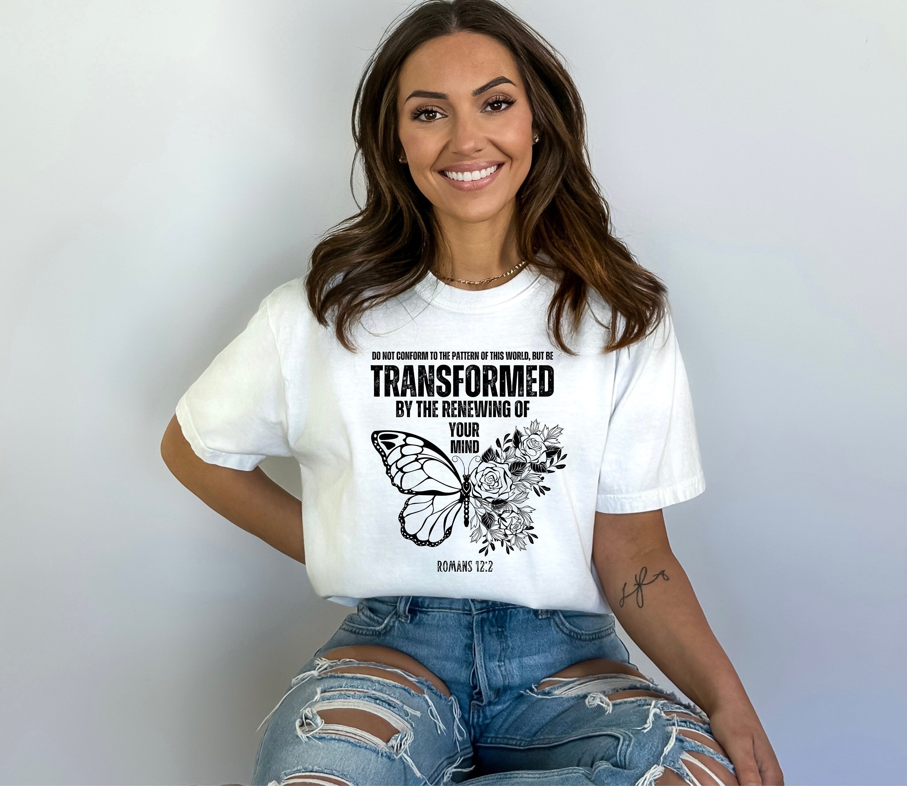 Transformed by the renewing of your mind , Romans 12:2, Christian Shirt Design, Gift for Her, Bible Verse , Trendy Religious cut