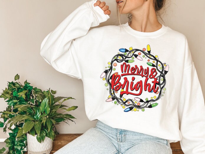 Merry Bright Christmas Sweatshirt, Merry Christmas Sweatshirt, Trendy Christmas Sweatshirts, Light Christmas Sweatshirt, Happy Christmas