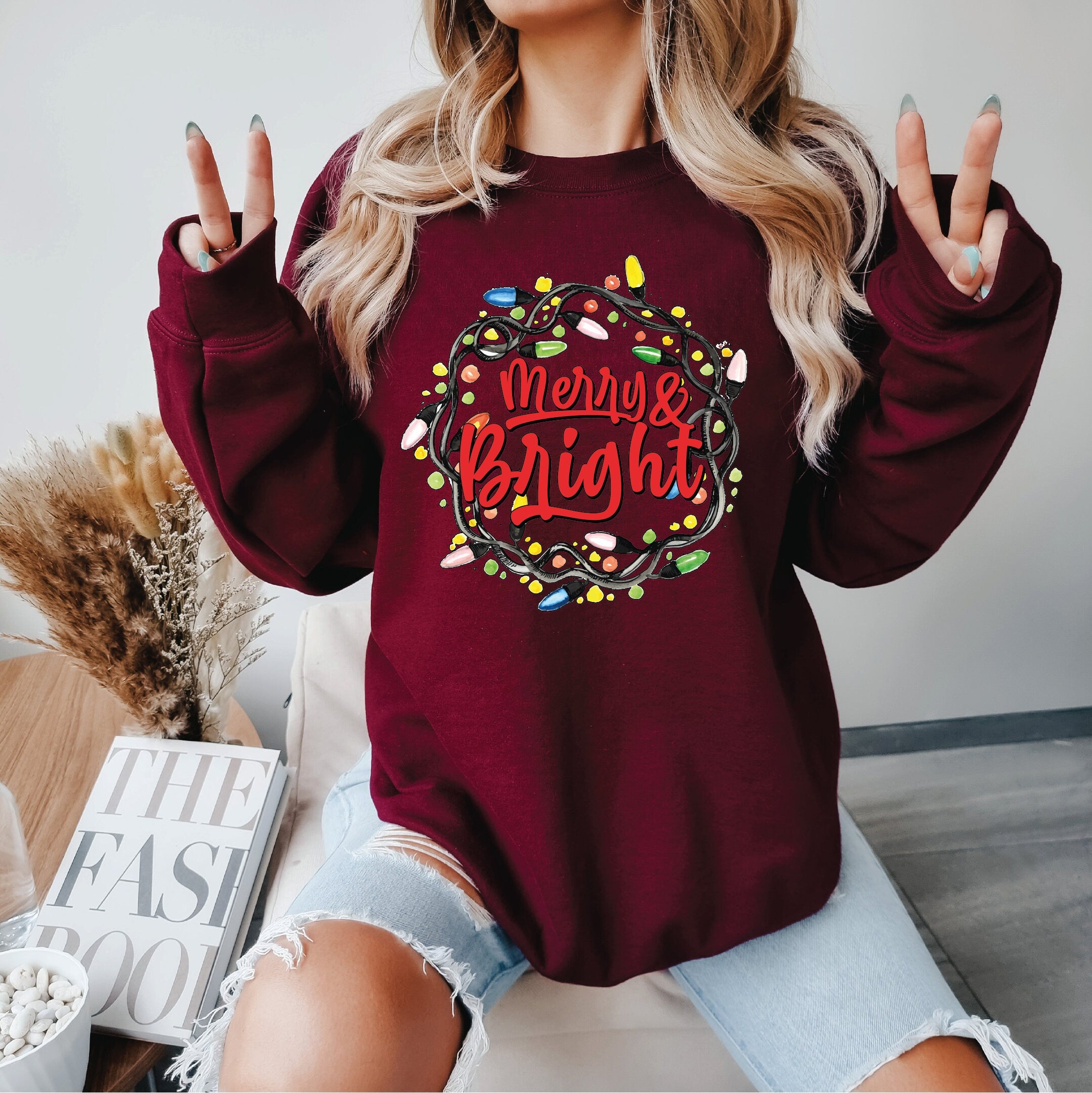 Merry Bright Christmas Sweatshirt, Merry Christmas Sweatshirt, Trendy Christmas Sweatshirts, Light Christmas Sweatshirt, Happy Christmas