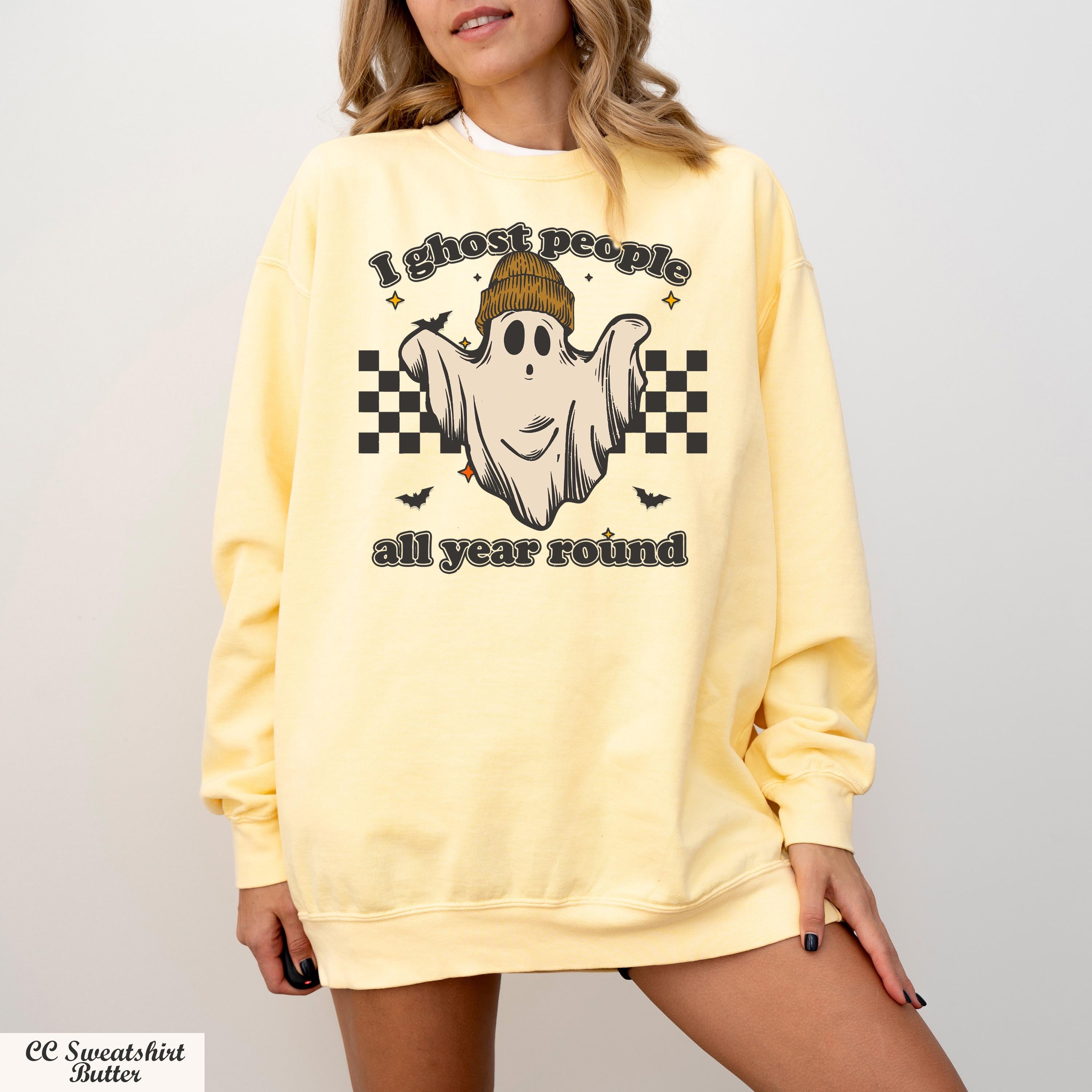 I Ghost People All Year Around Sweatshirt,Halloween Party Long Sleeve Shirt,Spooky Vibes Sweater,Ghost Coffee Sweater,Checkered Fall Shirt