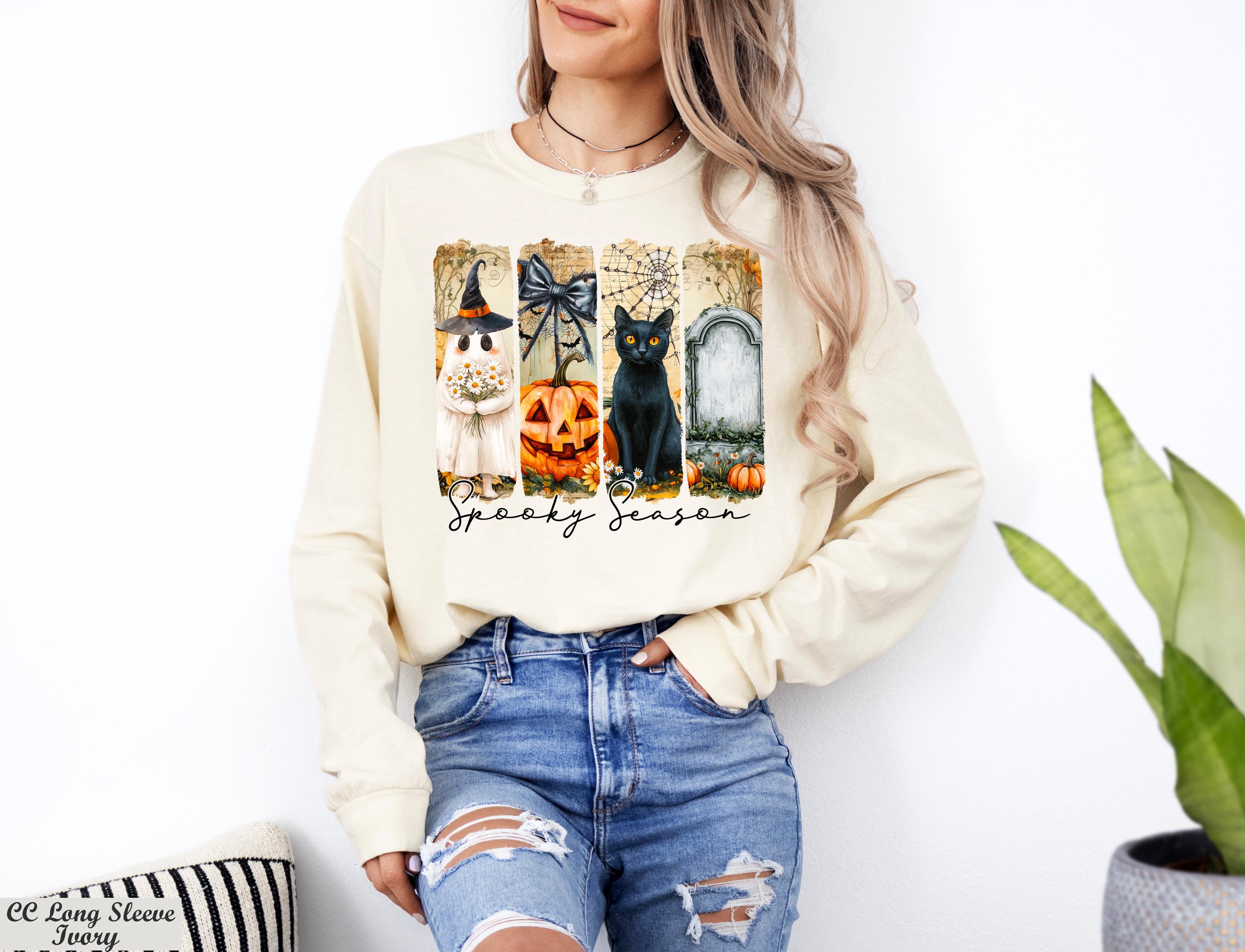 Spooky Season Halloween Sweater, Ghost Pumpkin Black Cat Long Sleeve,Witch Cat Sweater,Spooky Fall Crewneck,Retro Witchcore October Pullover