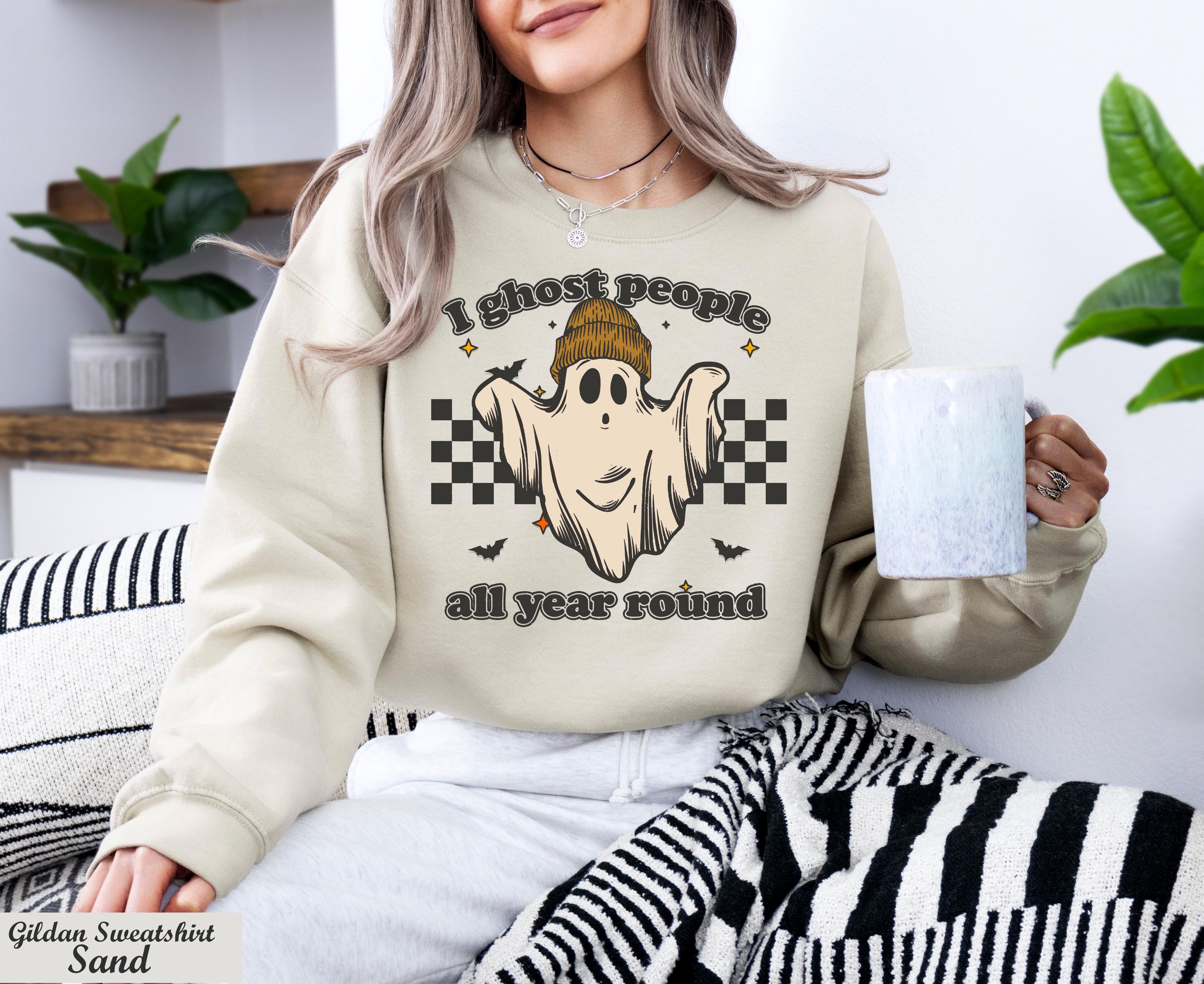 I Ghost People All Year Around Sweatshirt,Halloween Party Long Sleeve Shirt,Spooky Vibes Sweater,Ghost Coffee Sweater,Checkered Fall Shirt