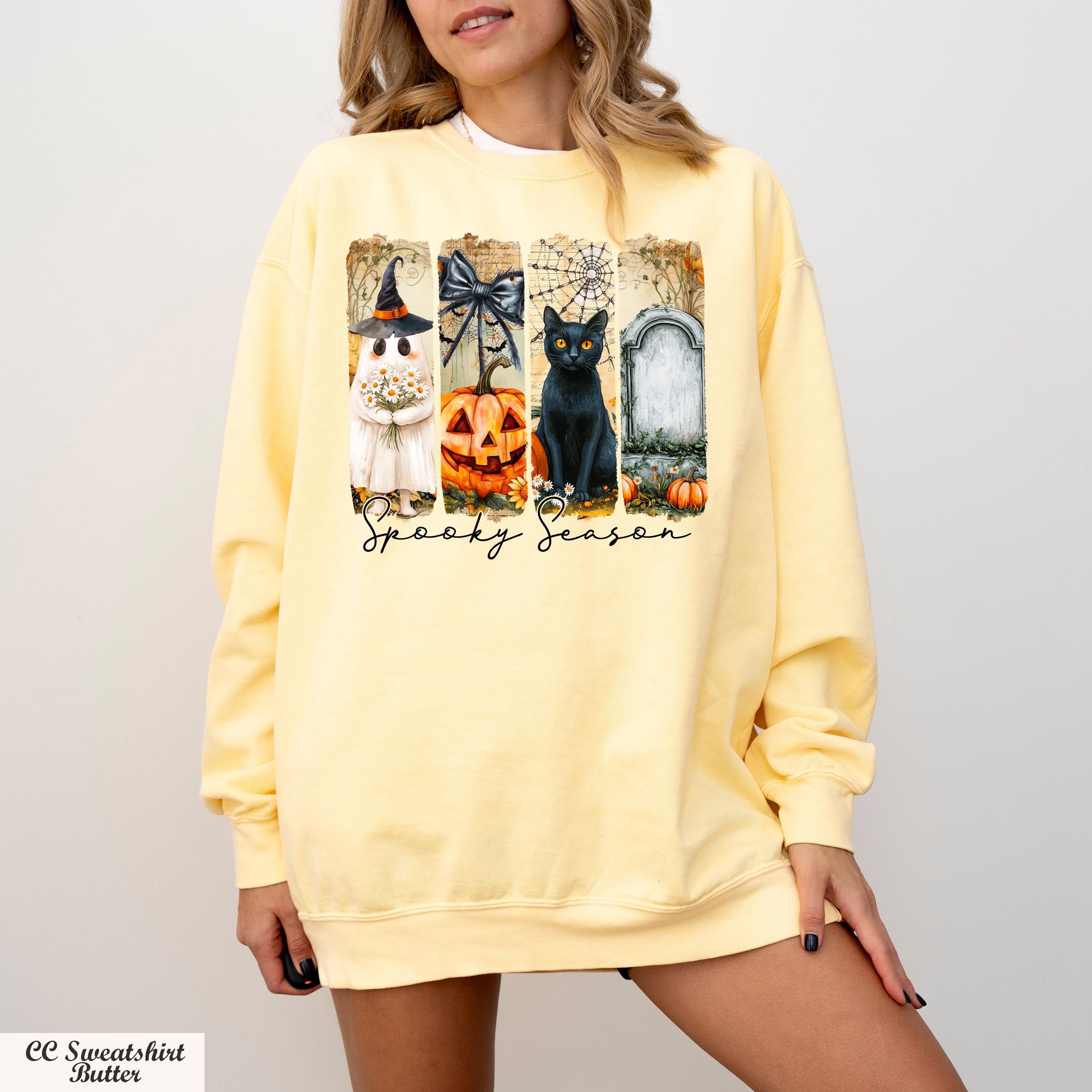 Spooky Season Halloween Sweater, Ghost Pumpkin Black Cat Long Sleeve,Witch Cat Sweater,Spooky Fall Crewneck,Retro Witchcore October Pullover