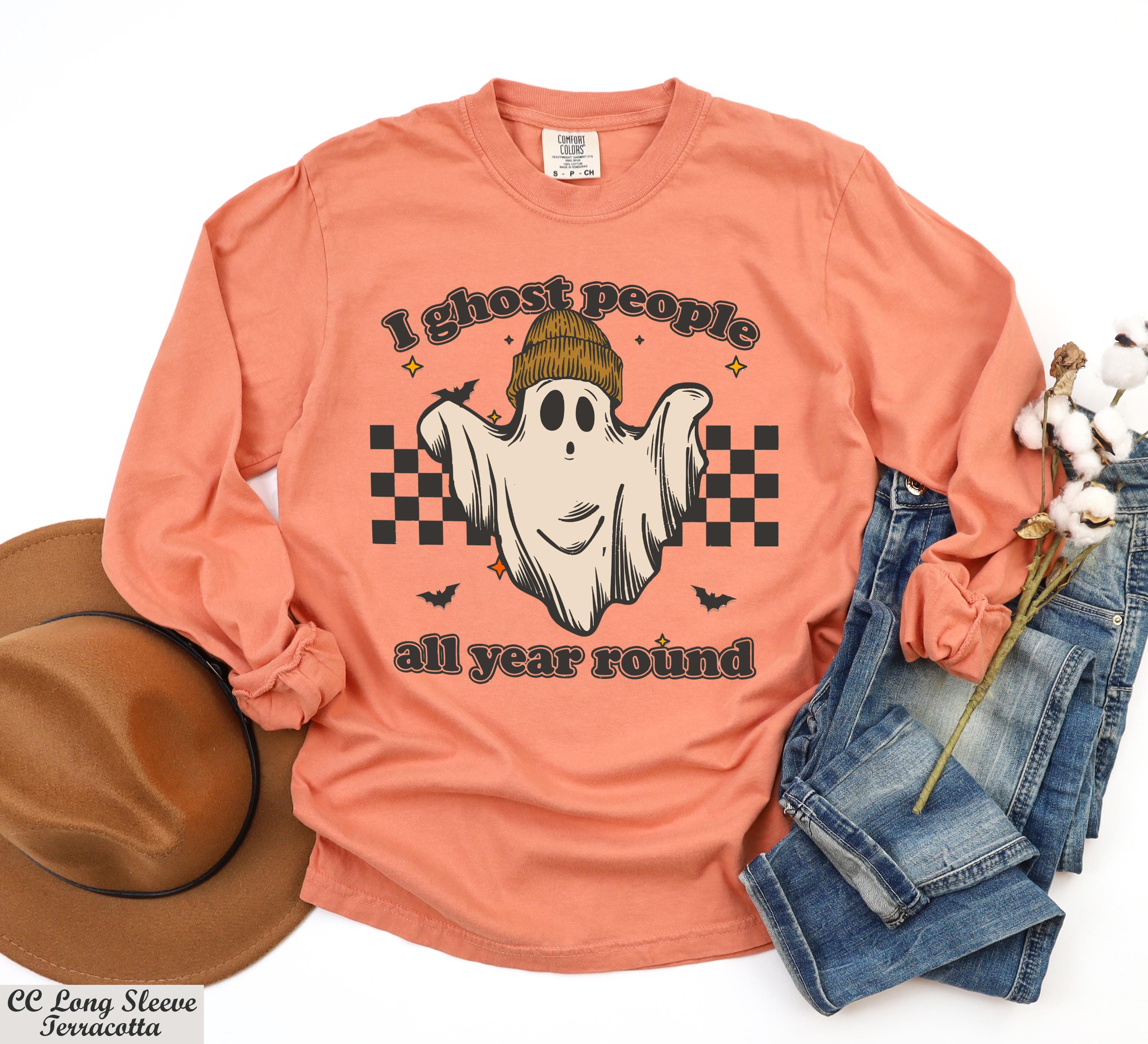 I Ghost People All Year Around Sweatshirt,Halloween Party Long Sleeve Shirt,Spooky Vibes Sweater,Ghost Coffee Sweater,Checkered Fall Shirt
