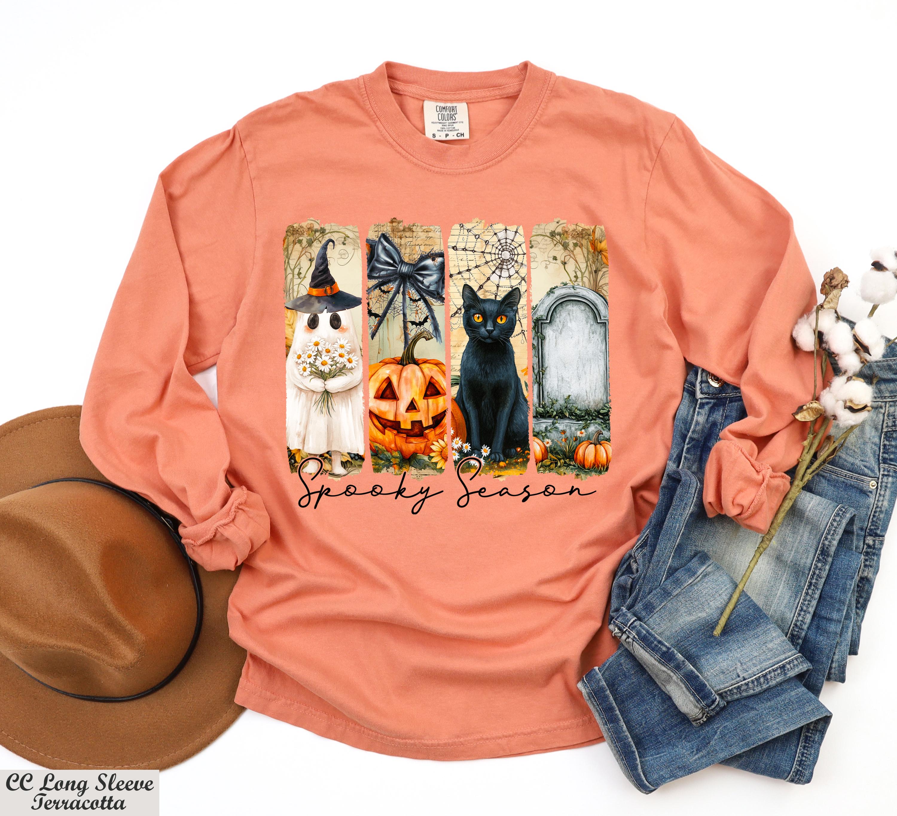 Spooky Season Halloween Sweater, Ghost Pumpkin Black Cat Long Sleeve,Witch Cat Sweater,Spooky Fall Crewneck,Retro Witchcore October Pullover