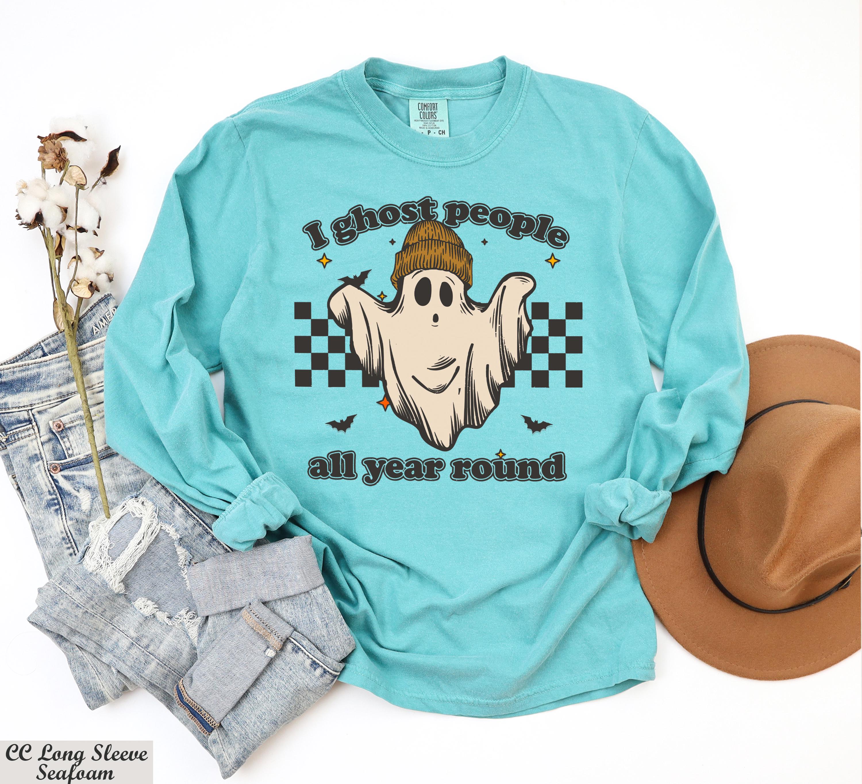 I Ghost People All Year Around Sweatshirt,Halloween Party Long Sleeve Shirt,Spooky Vibes Sweater,Ghost Coffee Sweater,Checkered Fall Shirt