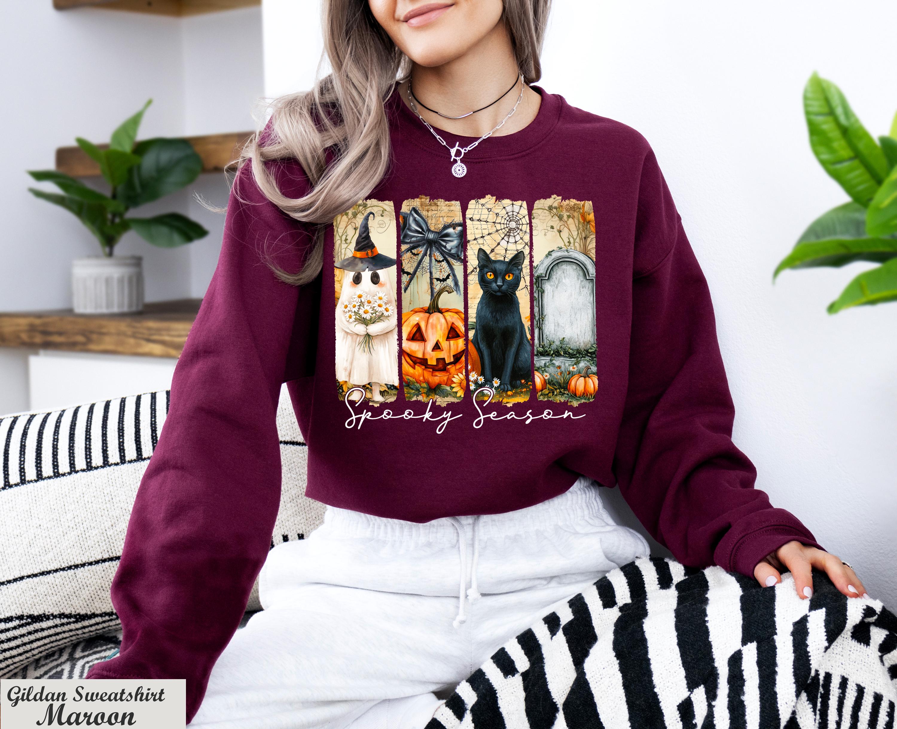 Spooky Season Halloween Sweater, Ghost Pumpkin Black Cat Long Sleeve,Witch Cat Sweater,Spooky Fall Crewneck,Retro Witchcore October Pullover