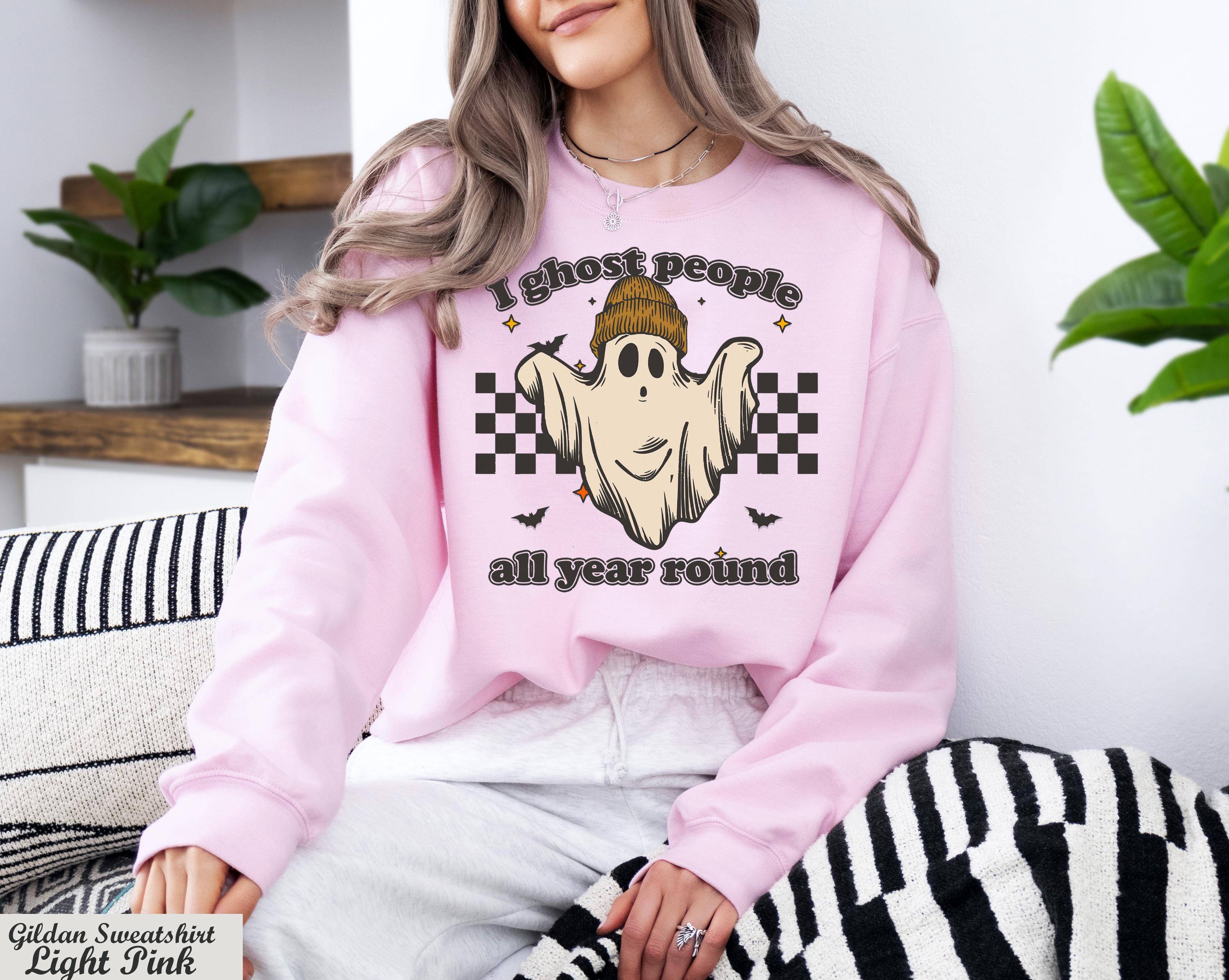 I Ghost People All Year Around Sweatshirt,Halloween Party Long Sleeve Shirt,Spooky Vibes Sweater,Ghost Coffee Sweater,Checkered Fall Shirt