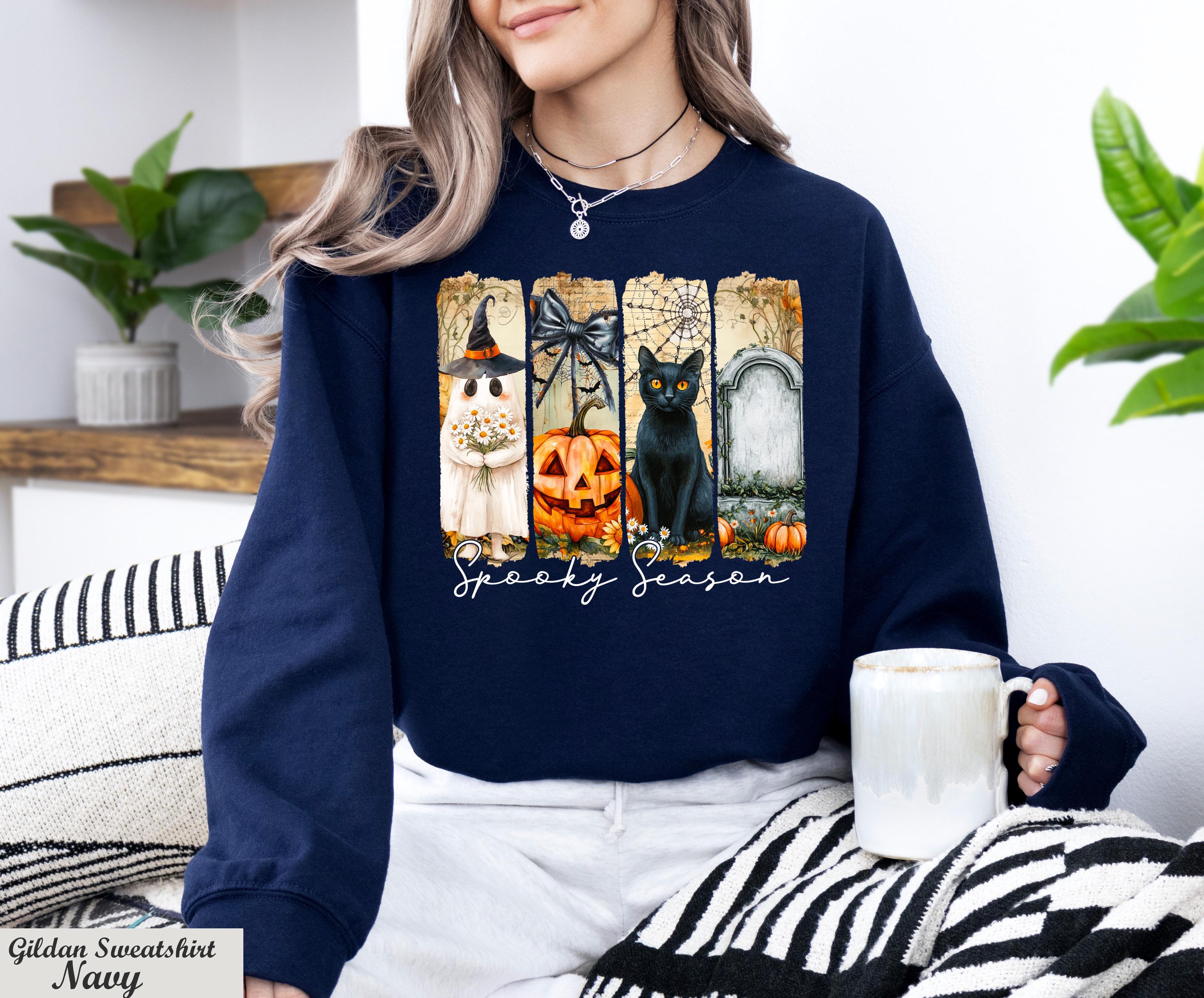 Spooky Season Halloween Sweater, Ghost Pumpkin Black Cat Long Sleeve,Witch Cat Sweater,Spooky Fall Crewneck,Retro Witchcore October Pullover