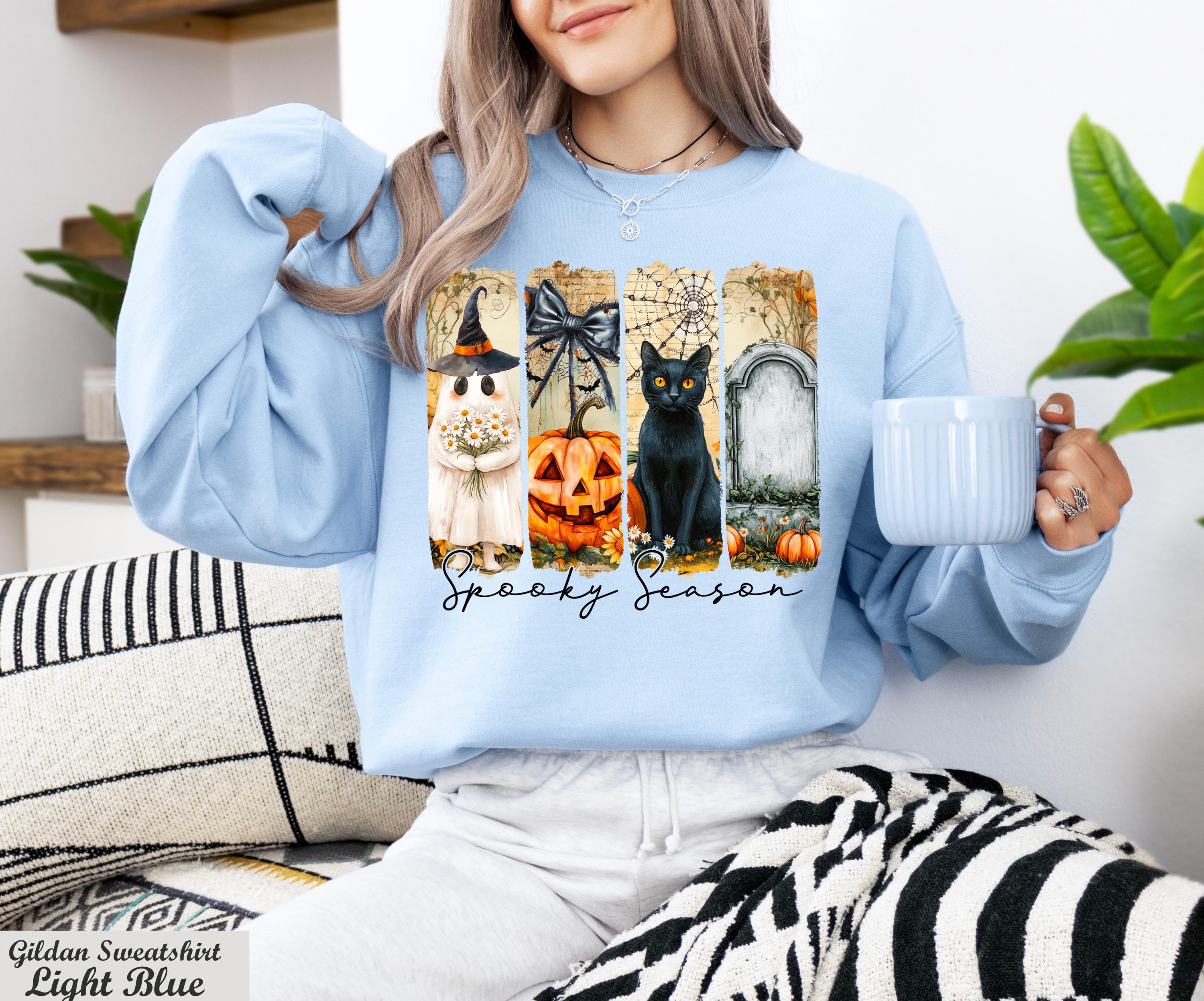 Spooky Season Halloween Sweater, Ghost Pumpkin Black Cat Long Sleeve,Witch Cat Sweater,Spooky Fall Crewneck,Retro Witchcore October Pullover
