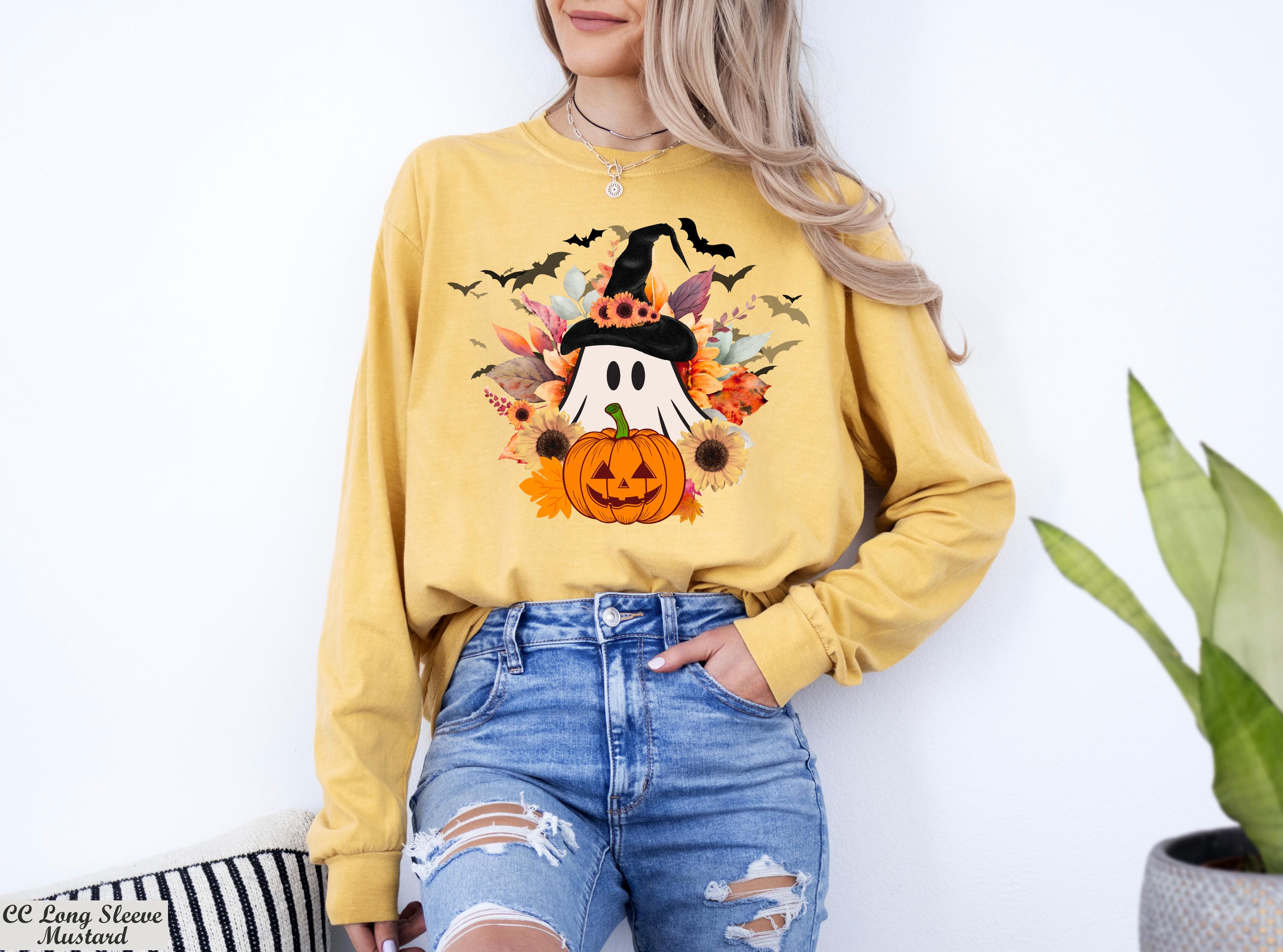 Wildflower Ghost Halloween Sweatshirt,Spooky Pumpkin Long Sleeve Shirt,Trick or Treat Outfit, Halloween Fall Sweater,Autumn Fall Sweater