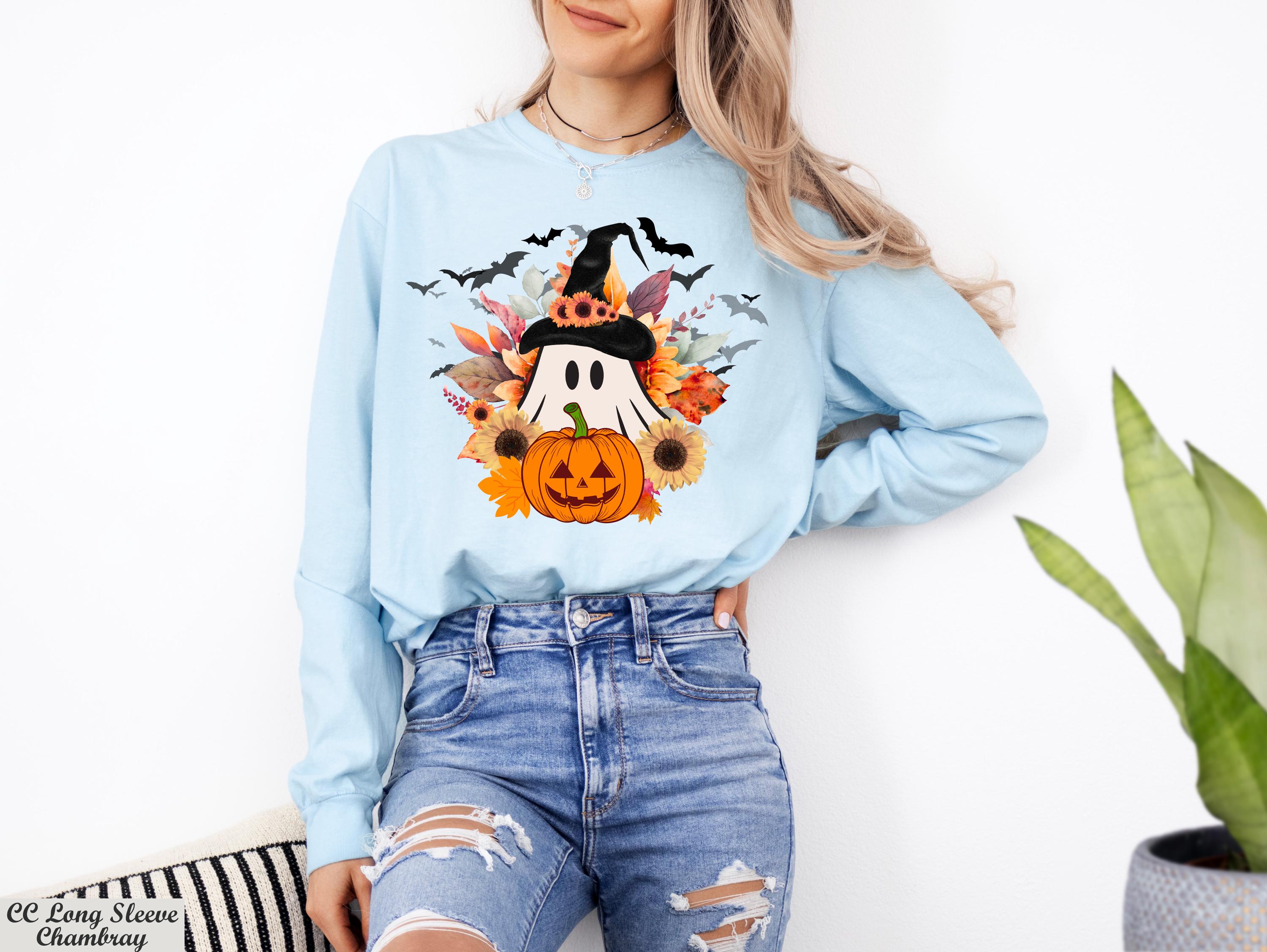 Wildflower Ghost Halloween Sweatshirt,Spooky Pumpkin Long Sleeve Shirt,Trick or Treat Outfit, Halloween Fall Sweater,Autumn Fall Sweater