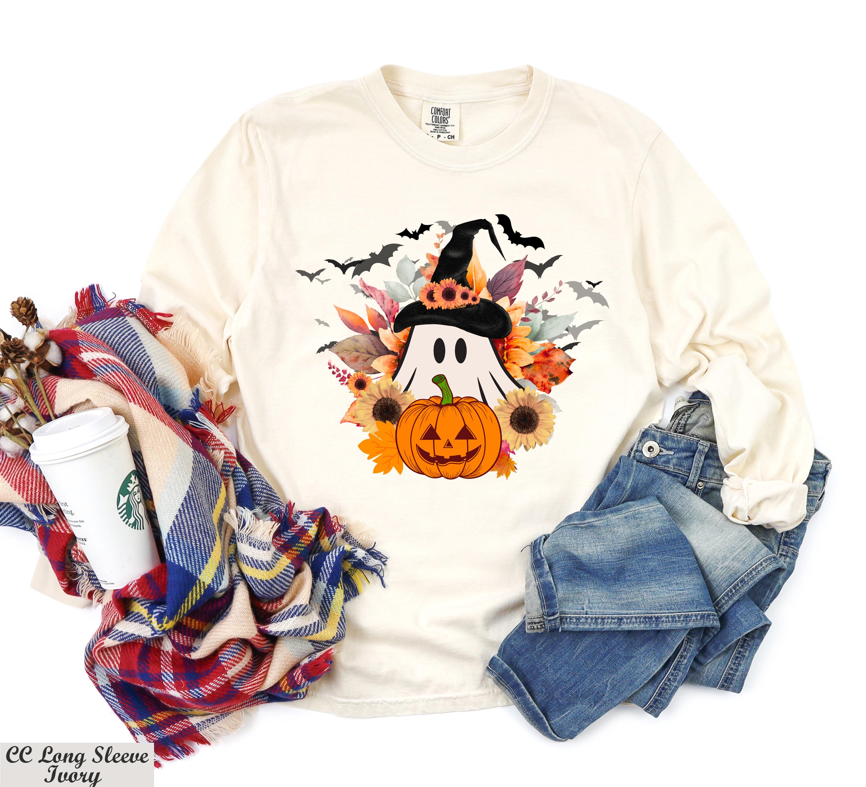 Wildflower Ghost Halloween Sweatshirt,Spooky Pumpkin Long Sleeve Shirt,Trick or Treat Outfit, Halloween Fall Sweater,Autumn Fall Sweater