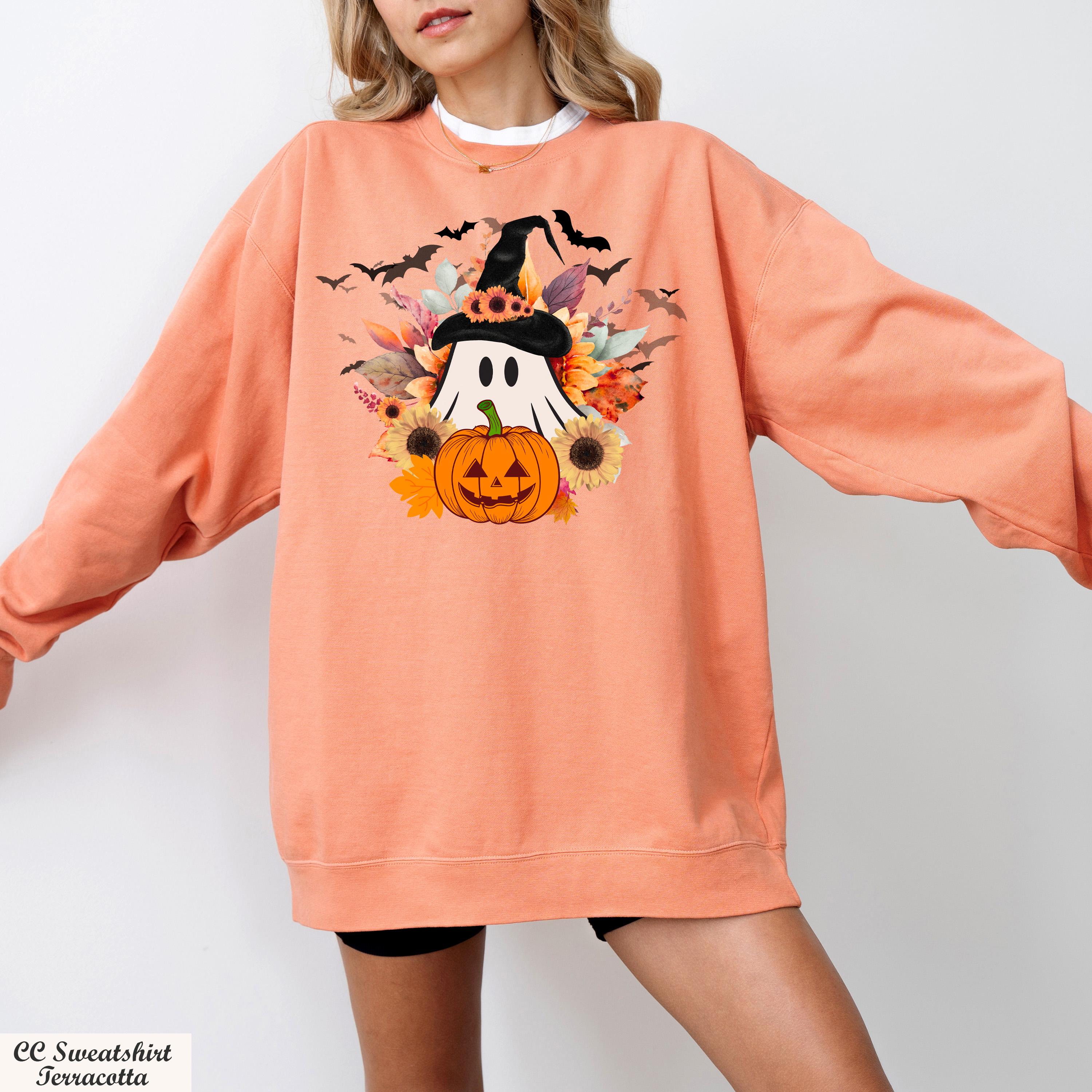 Wildflower Ghost Halloween Sweatshirt,Spooky Pumpkin Long Sleeve Shirt,Trick or Treat Outfit, Halloween Fall Sweater,Autumn Fall Sweater