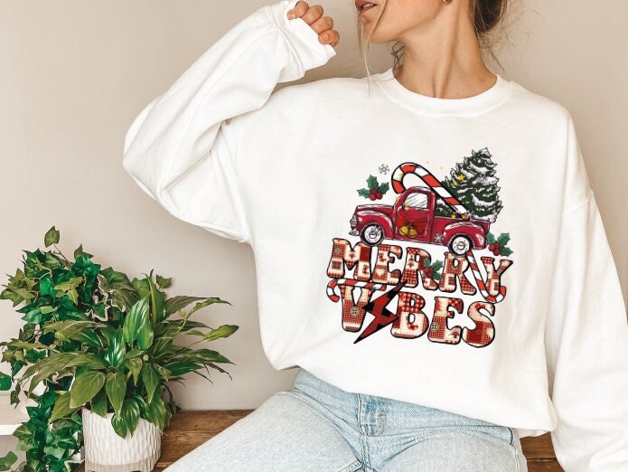 Merry Vibes Sweatshirt Christmas Sweatshirt, Christmas Vibes Sweatshirt, Winter Holiday Sweater, Christmas Gift, Christmas, Trendy Sweater