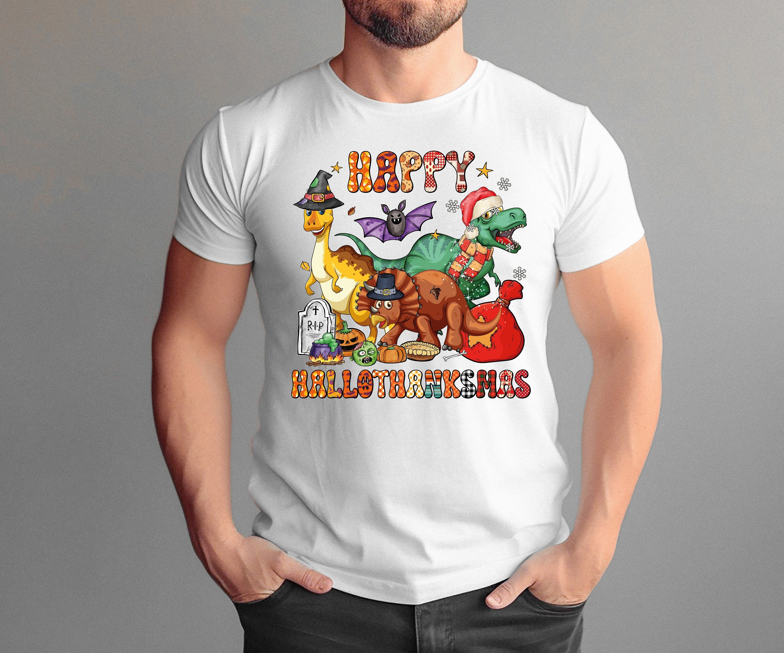 Happy HalloThanksMas Dinasour Shirt, Cute Christmas Shirt, Funny Festival Tee, Women Christmas Shirt, Christmas Shirt,Christmas Family Shirt