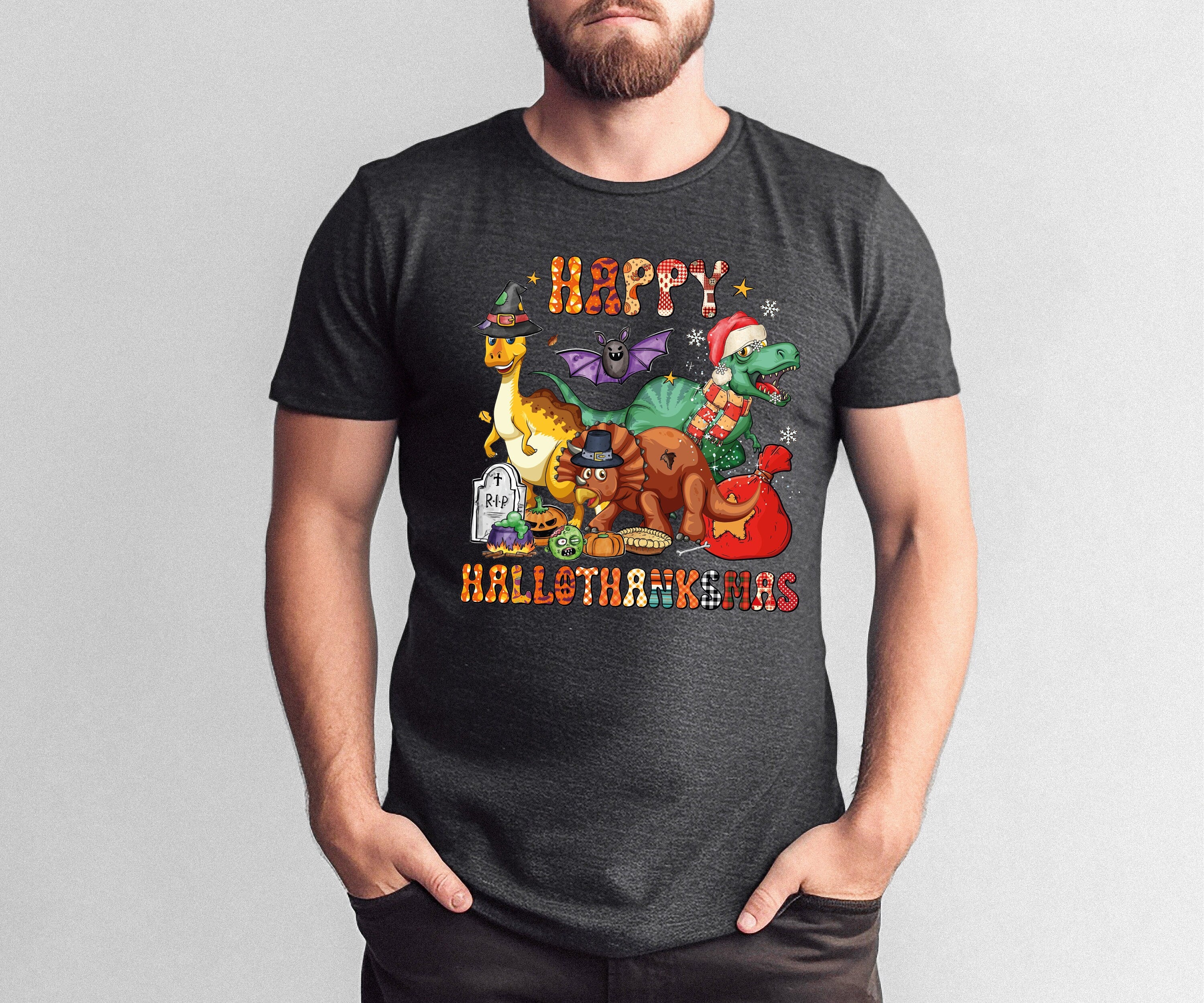 Happy HalloThanksMas Dinasour Shirt, Cute Christmas Shirt, Funny Festival Tee, Women Christmas Shirt, Christmas Shirt,Christmas Family Shirt