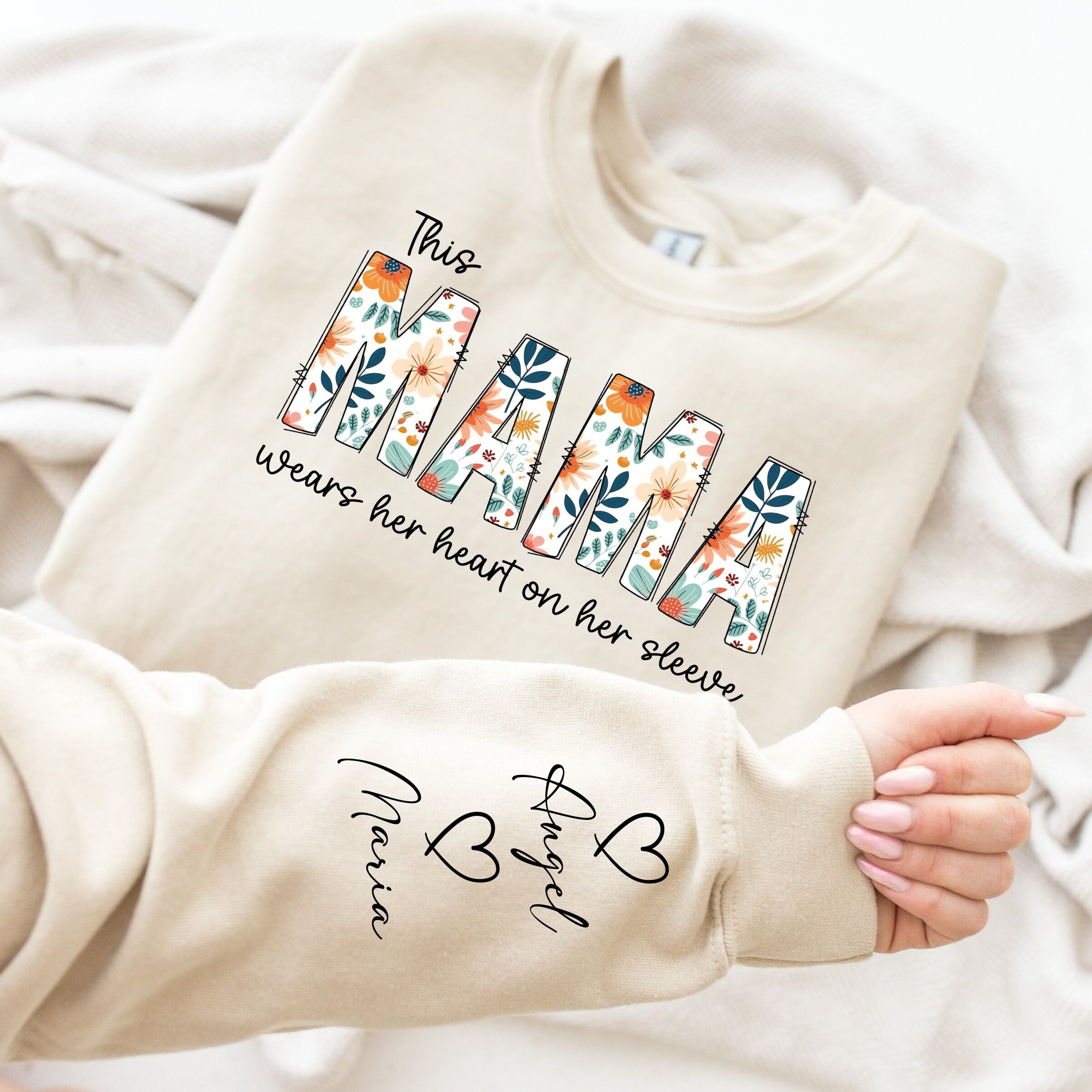 Custom Mama Sweatshirt, Kids Names on Sleeve, Long Sleeve Top, Unique Gift for Mom, Wildflower Print, Gift for Mom, Mom Sweatshirt