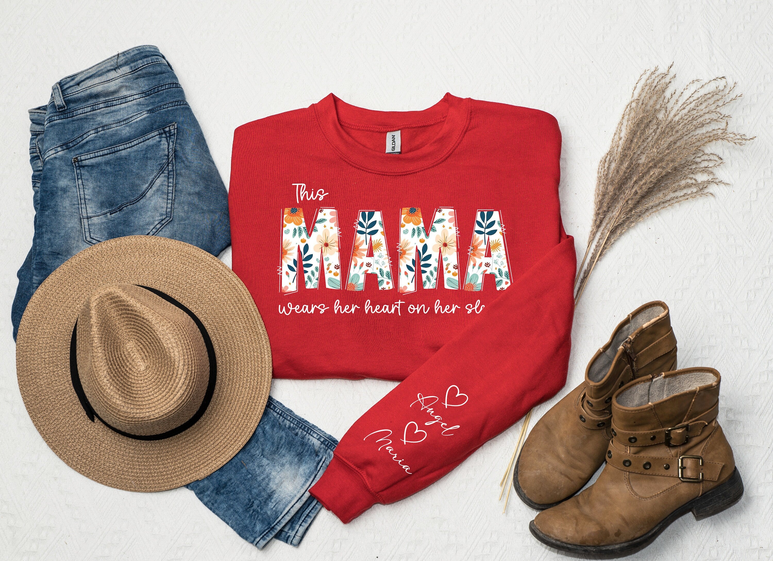 Custom Mama Sweatshirt, Kids Names on Sleeve, Long Sleeve Top, Unique Gift for Mom, Wildflower Print, Gift for Mom, Mom Sweatshirt