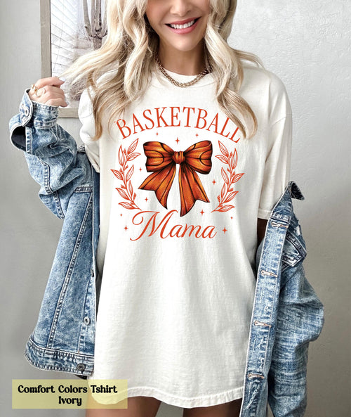Comfort Colors Basketball Mama Shirt, Hoop Mama Tee, Basketball Coquette Bow Mama Tee, Basketball Game Day T-Shirt, Sport Mom Gift for Her