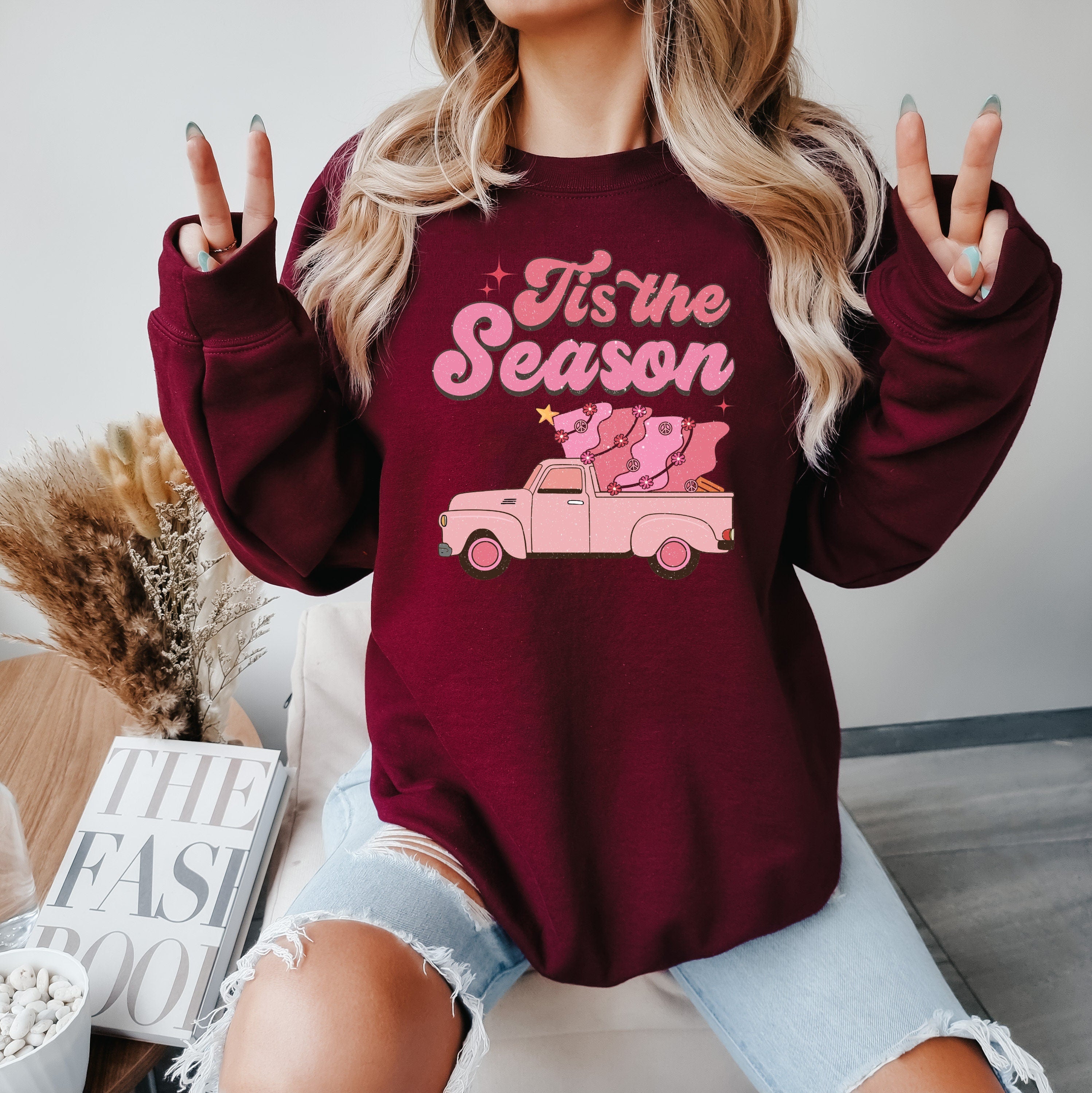 Tis The Season Retro Christmas Sweatshirt, Truck Christmas Sweatshirt, Cute Christmas Crewneck, Xmas Sweater, Trendy Christmas Sweatshirts